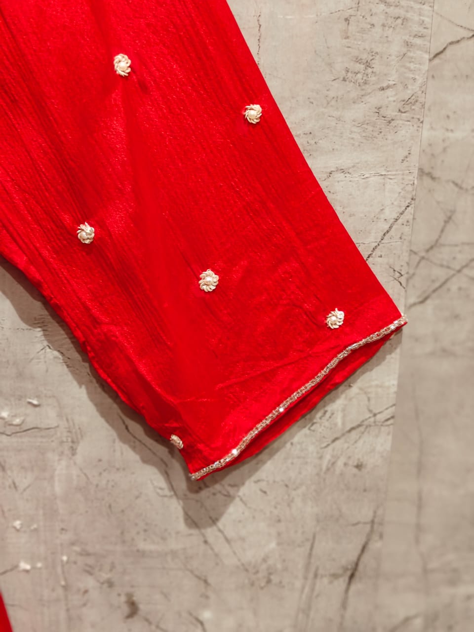 Red Anarkali Chinnon Hand Embroidery Kurtha 567