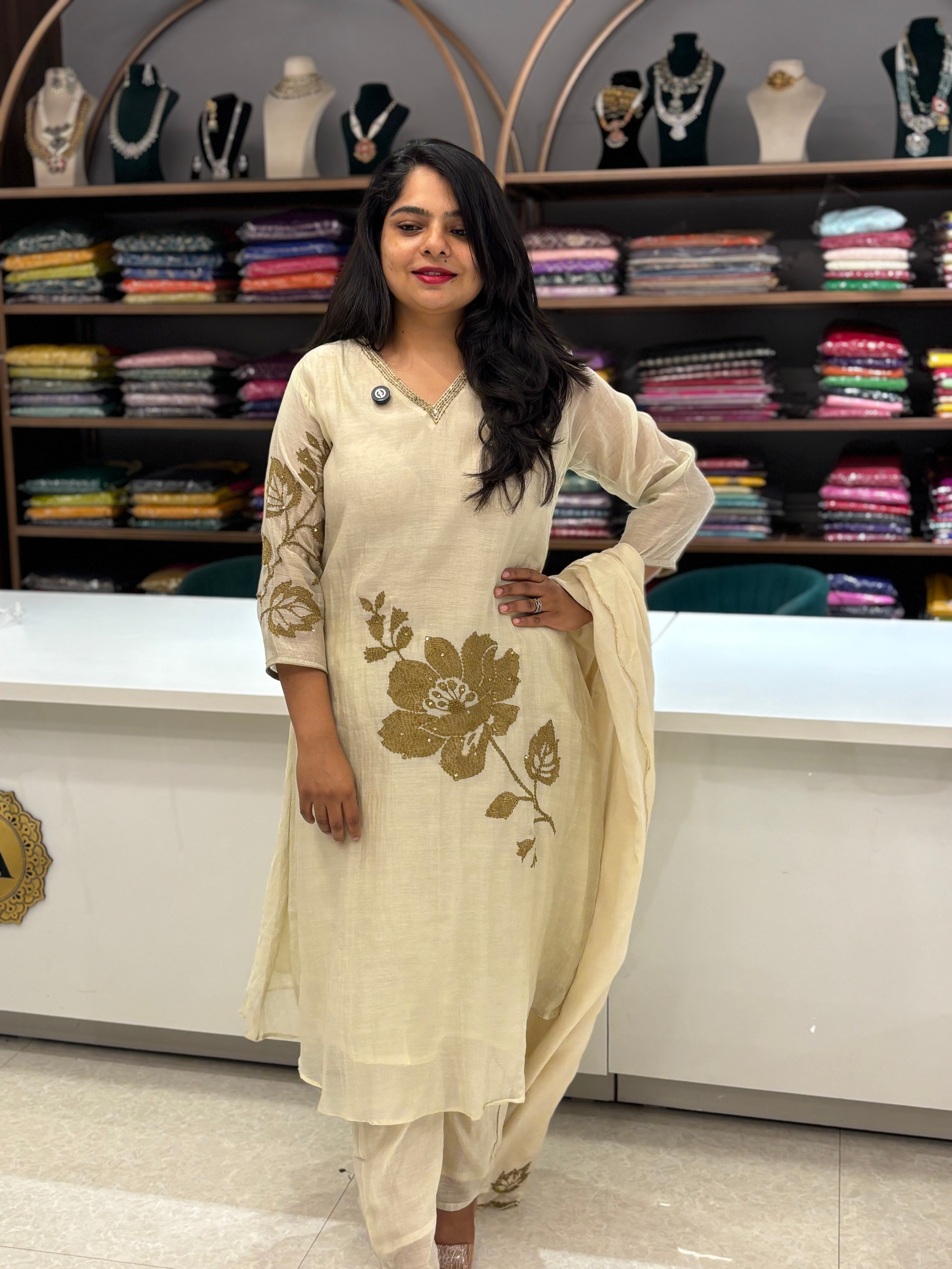 Cream Mul Chanderi Hand Embroidery A Line Kurtha 616