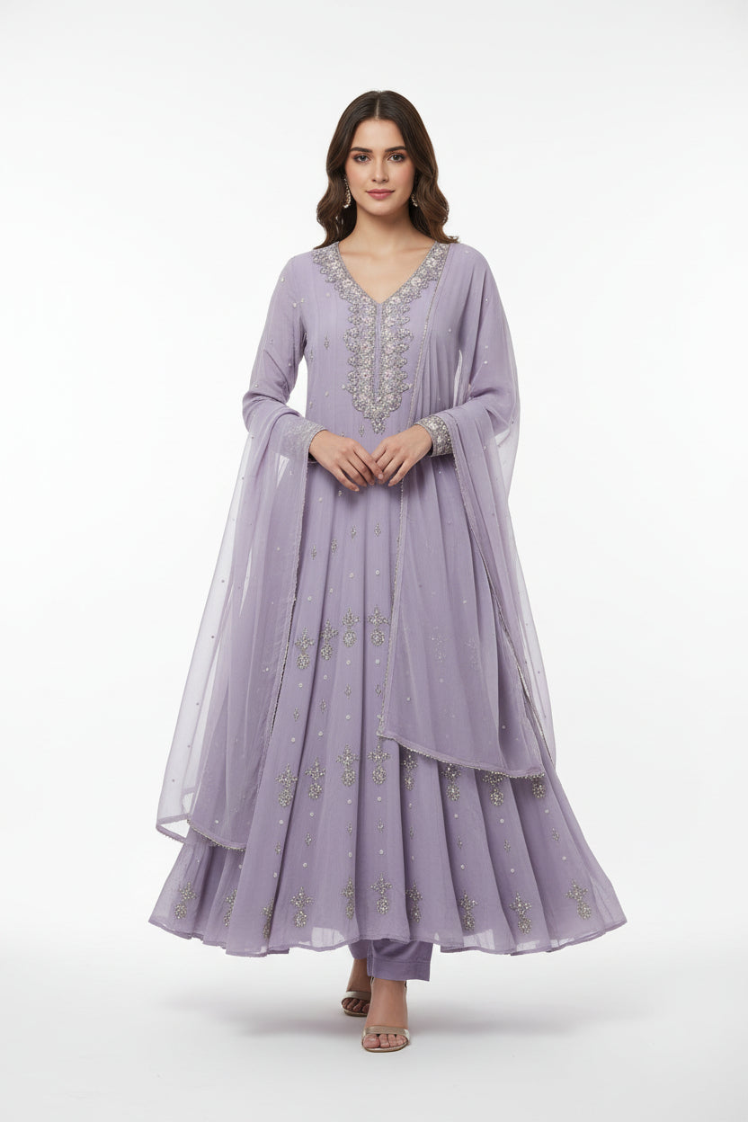 Lawnder Anarkali chinnon handwork party ware Kurtha 567