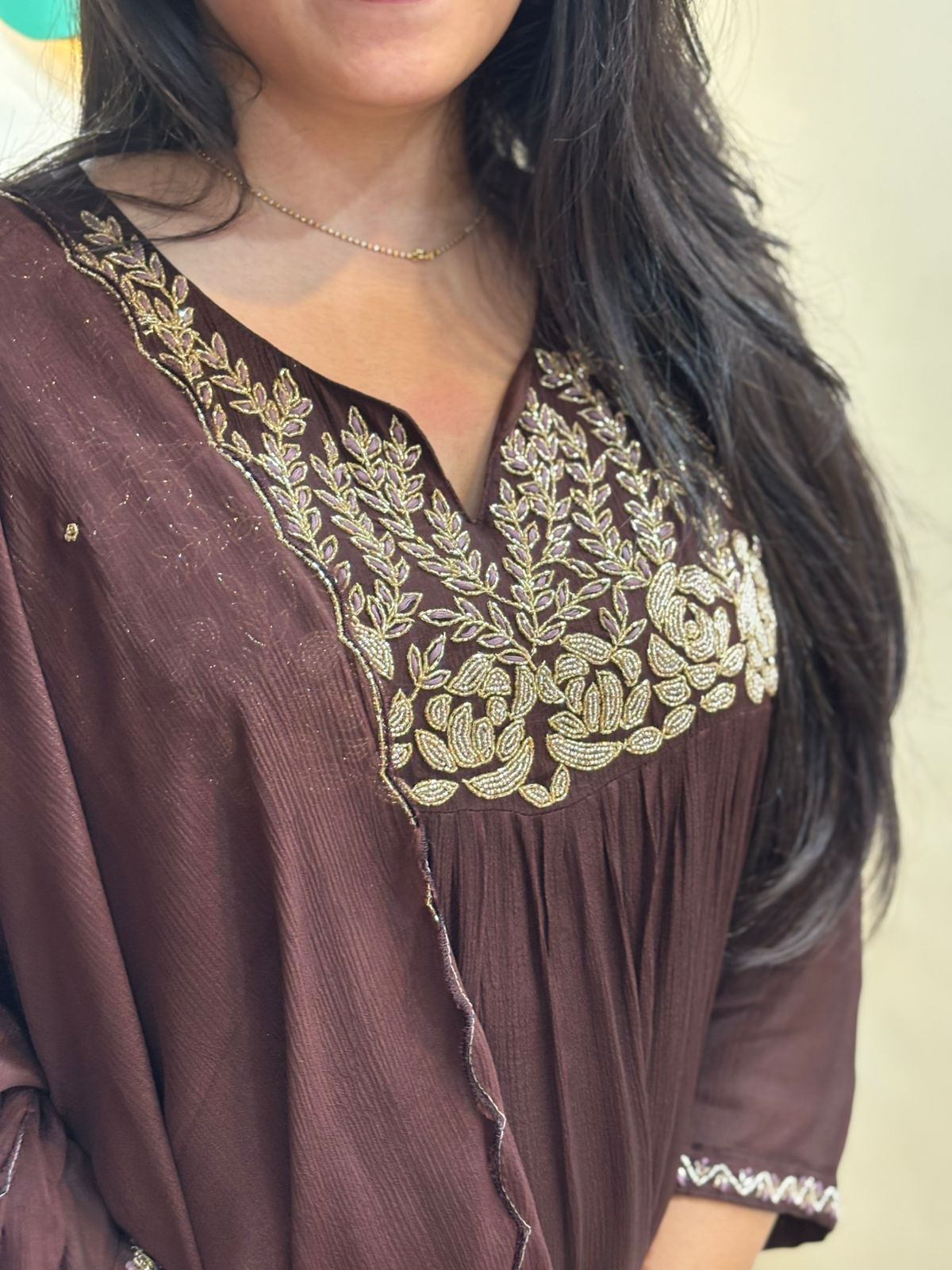 Brown Chinnon Hand Embroidery Airline Kurtha 673