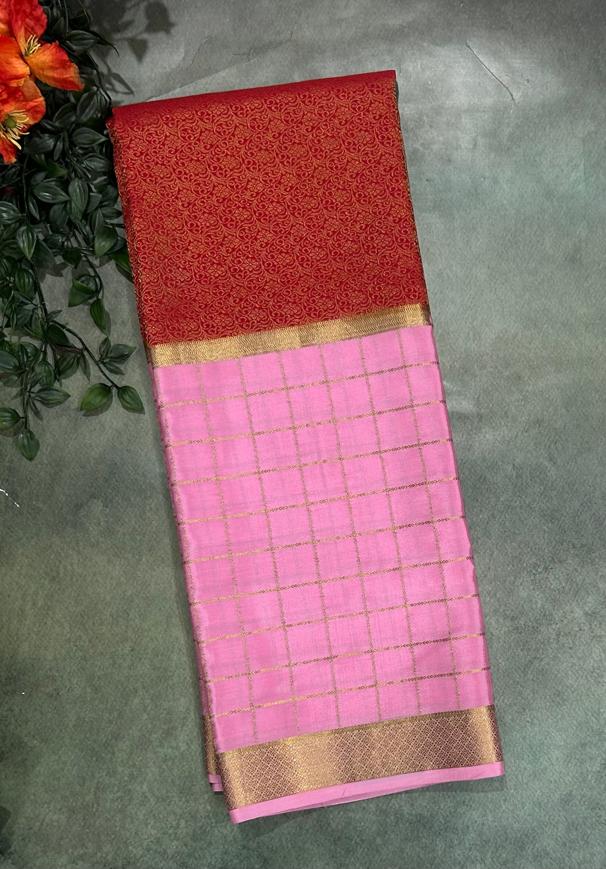Pastel pink n red pure Mysore crepe silk 103 saree