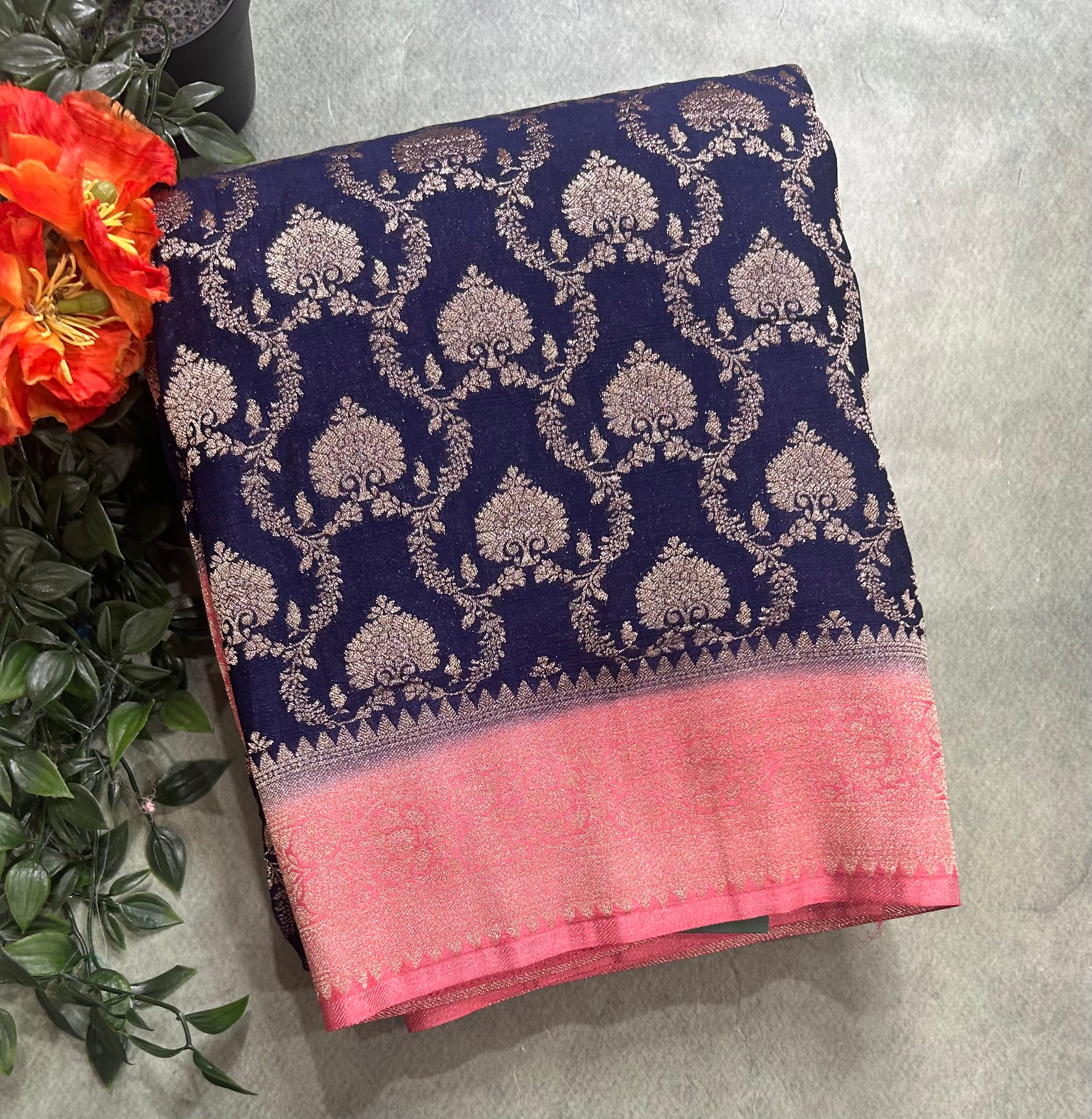 Navy blue contrast Jaal brocade semi georgette 104 saree