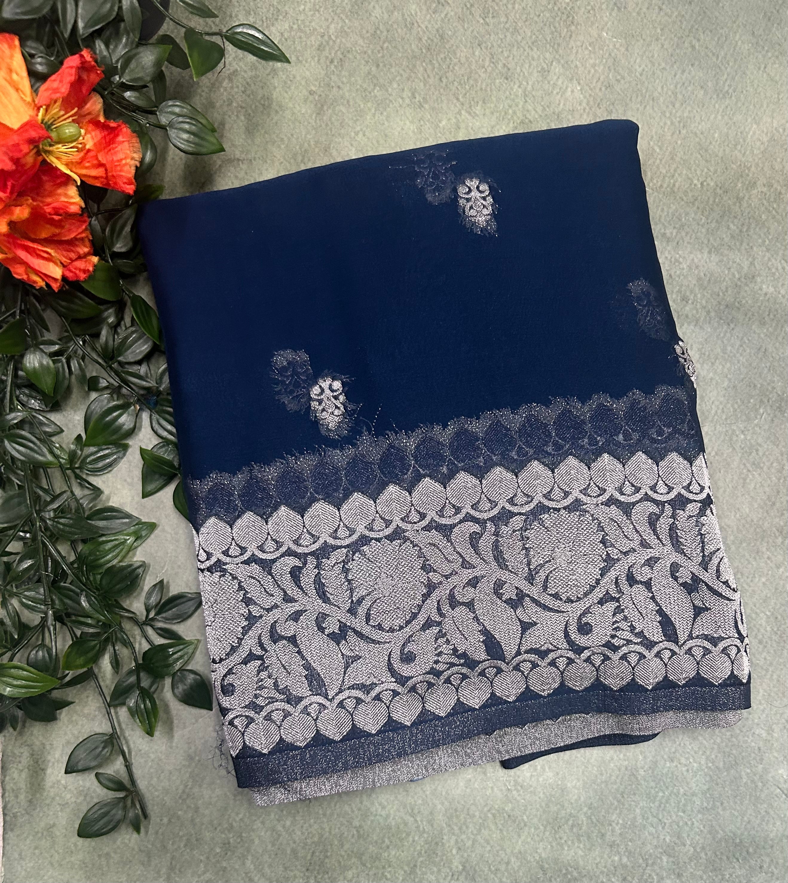 Peacock blue small Butta semi chiffon Benarasi 105 saree