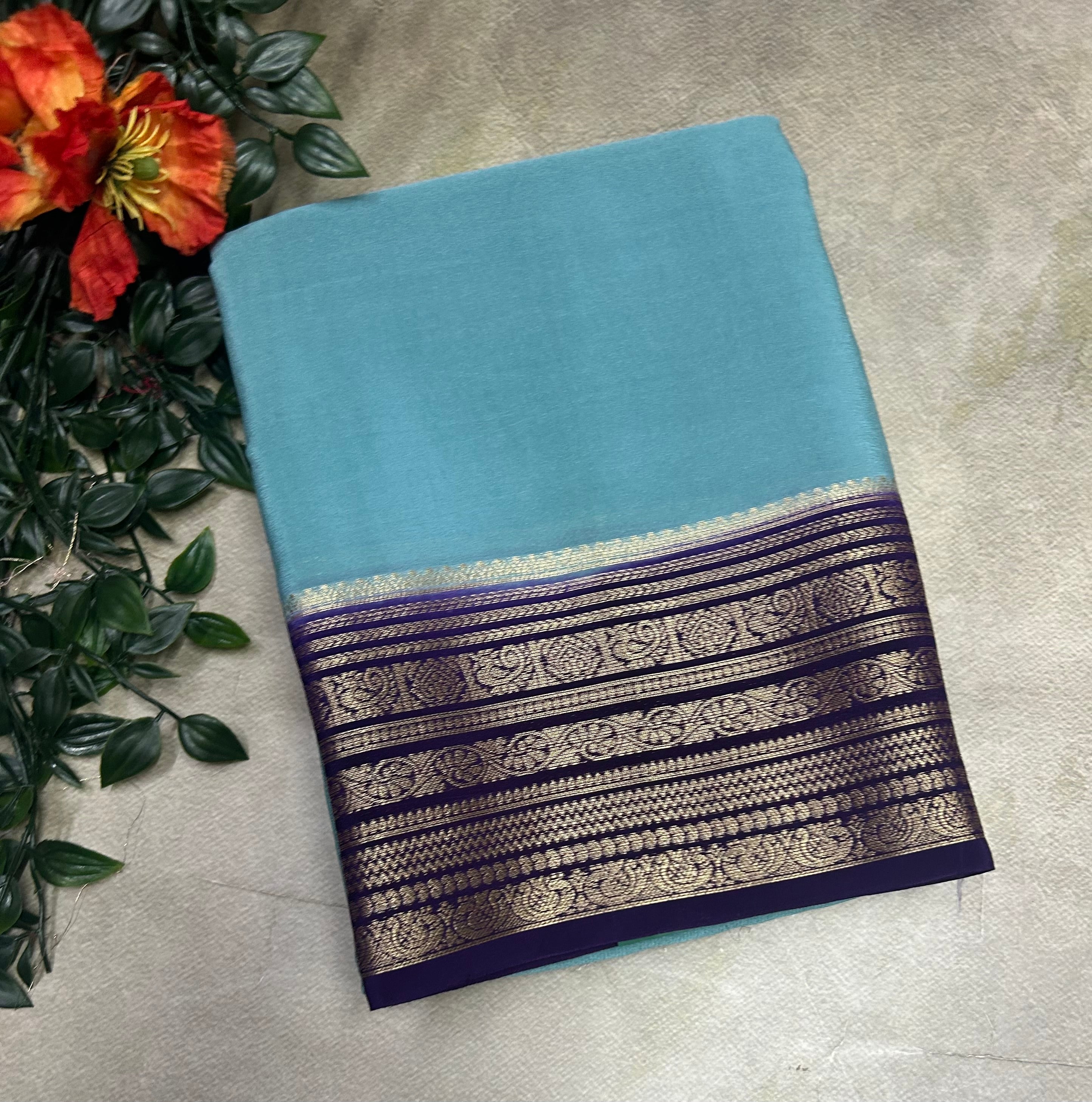 Sea blue n purple plain semi Mysore crepe silk 105 saree
