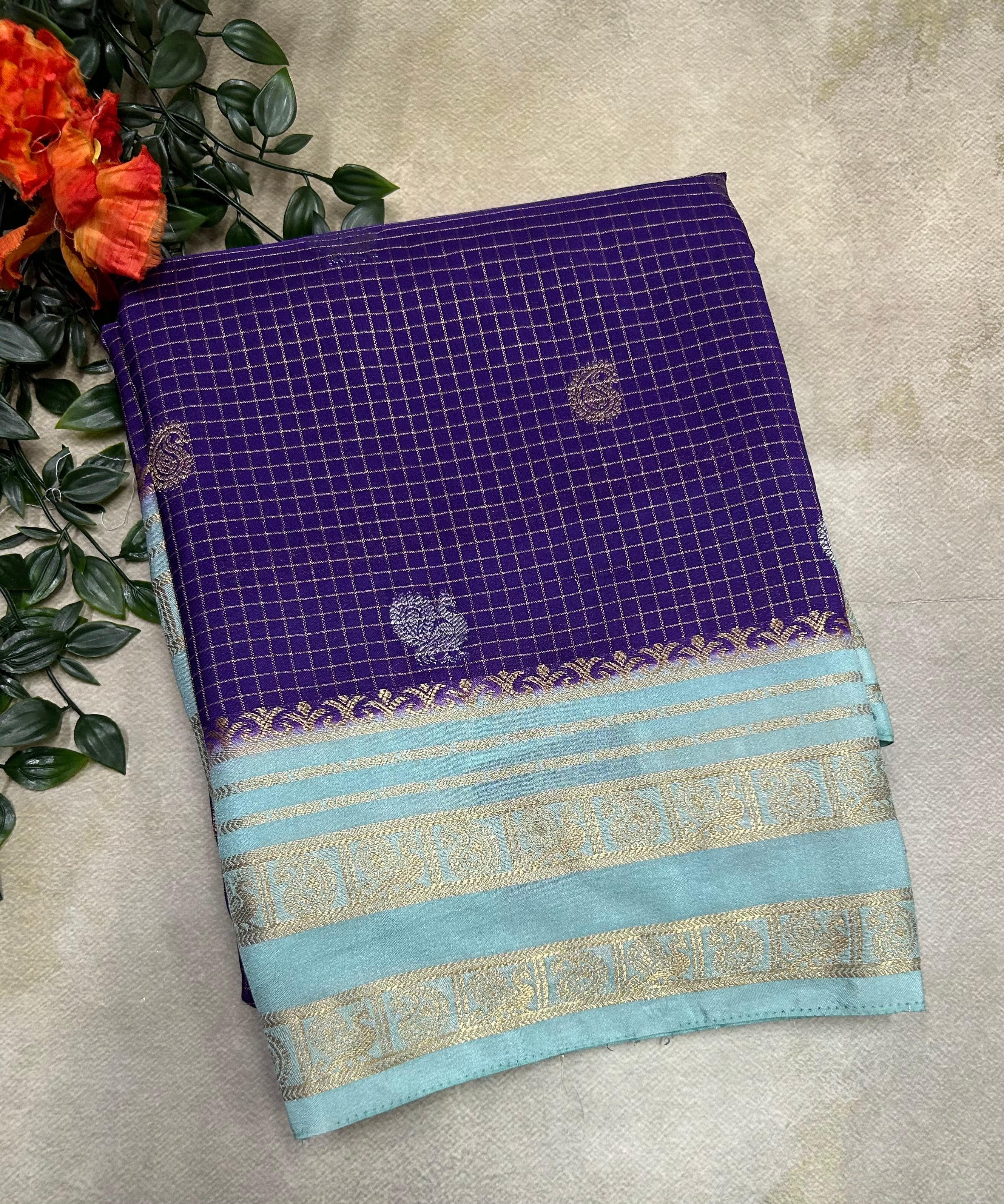 Purple small check Semi Mysore Crepe silk saree