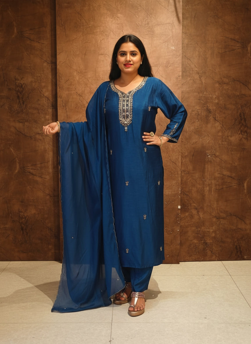 Royal Blue Dola Silk Hand Embroidery Straight Fit  kurtha 543