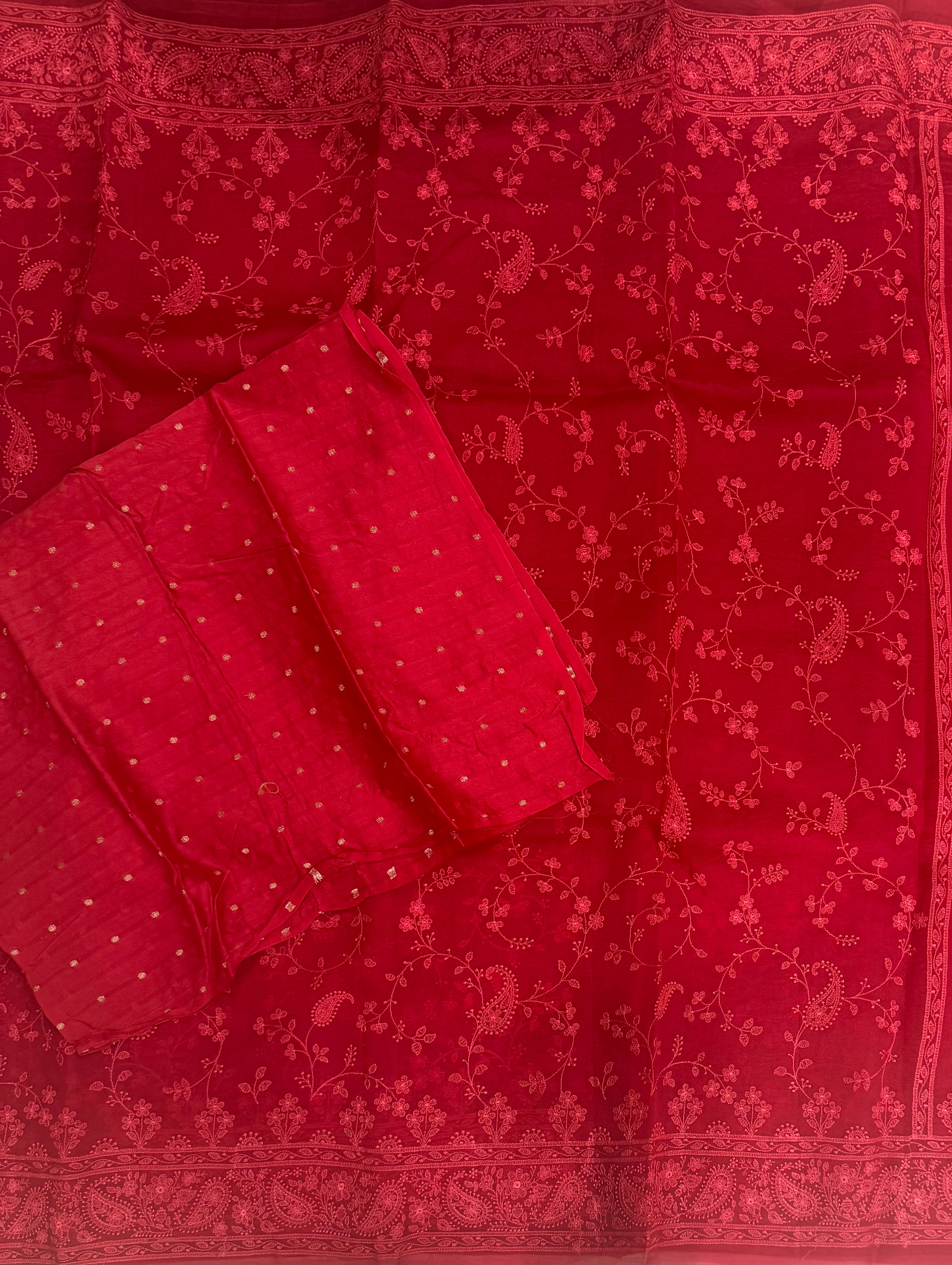 Red chikankari work pure organza 102 saree