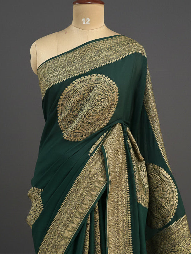 Bottle green big Butta Banarasi pure crepe saree -101