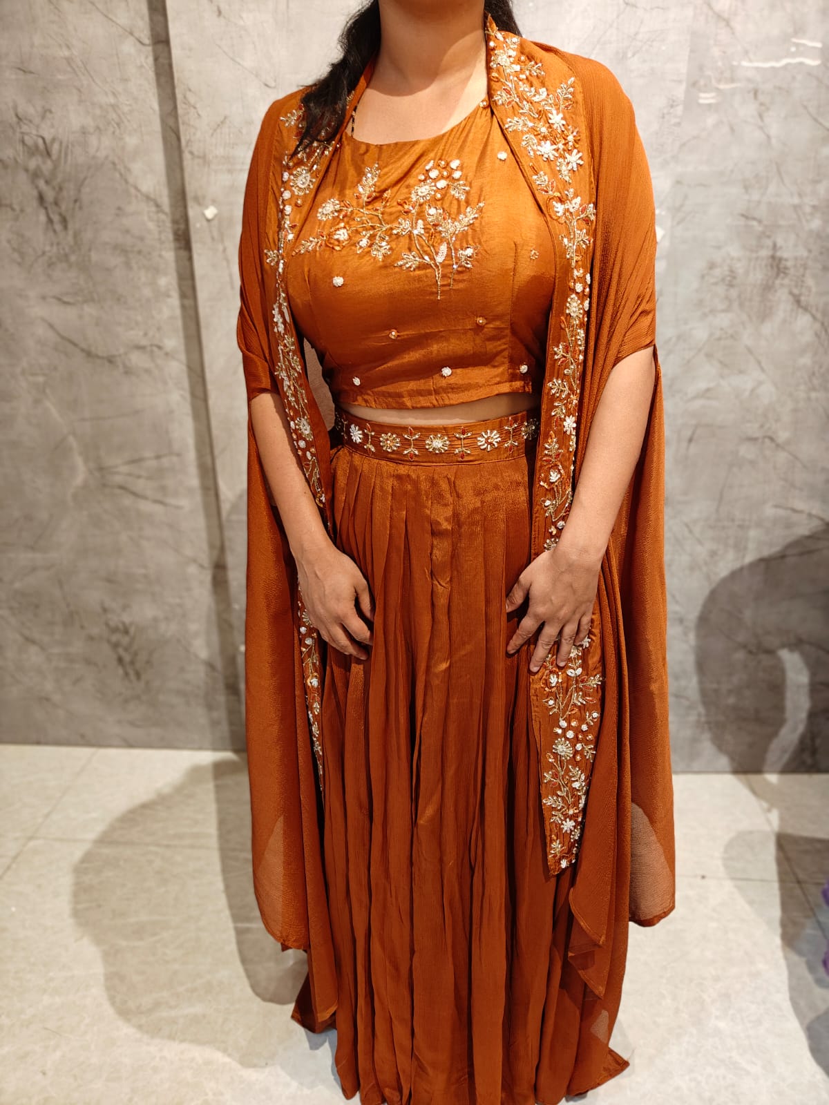 "PARI"  Mustard Brown Designer Kurtha Set with Handwork Top, Skirt and Cape Indo-western