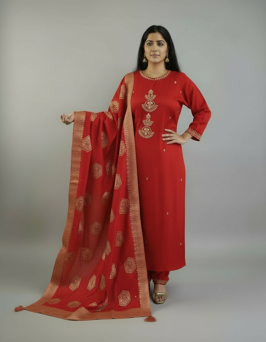 Red Dola Silk Handwork Straight Fit Kurtha 49