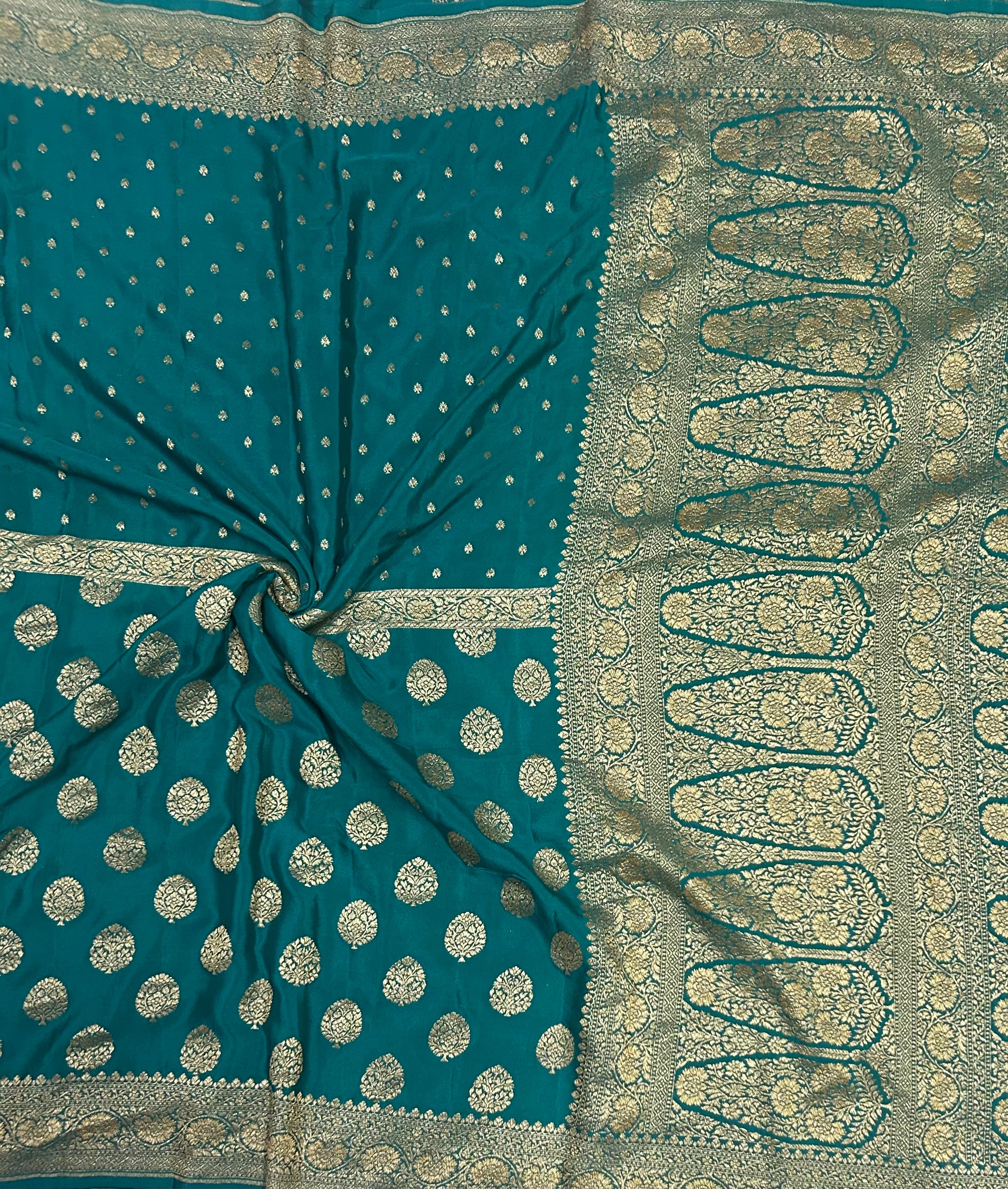 Rama green small n big butta pure benarasi crepe 103 saree