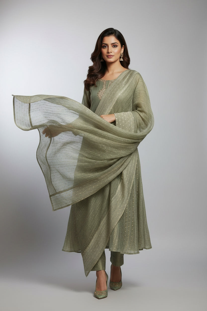 Green Banarasi Crush Tissue Silk A line Kurtha  527