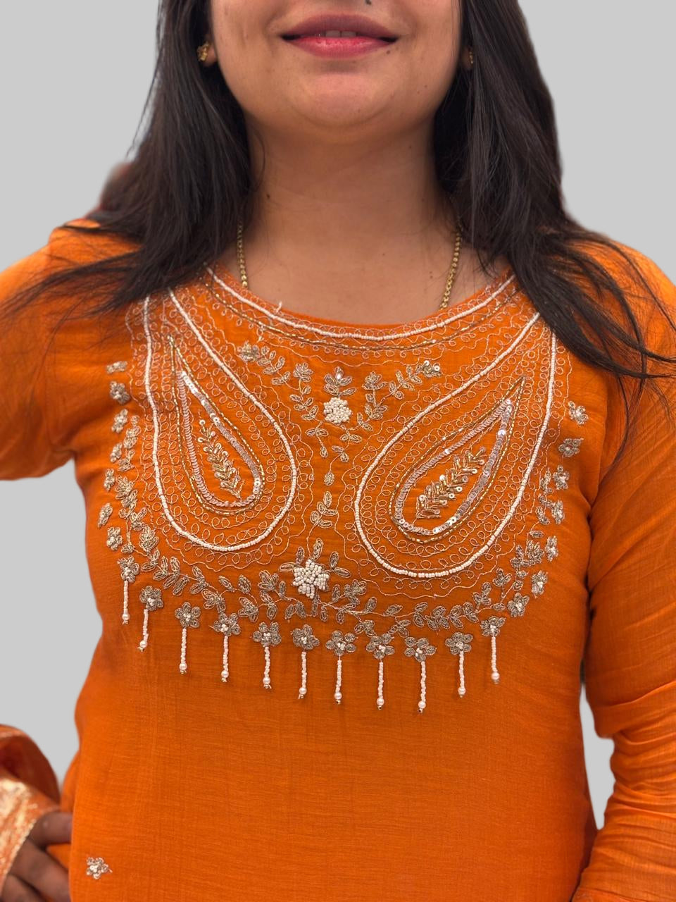 Orange Mul Chanderi  Embroidery Airline Kurtha 170