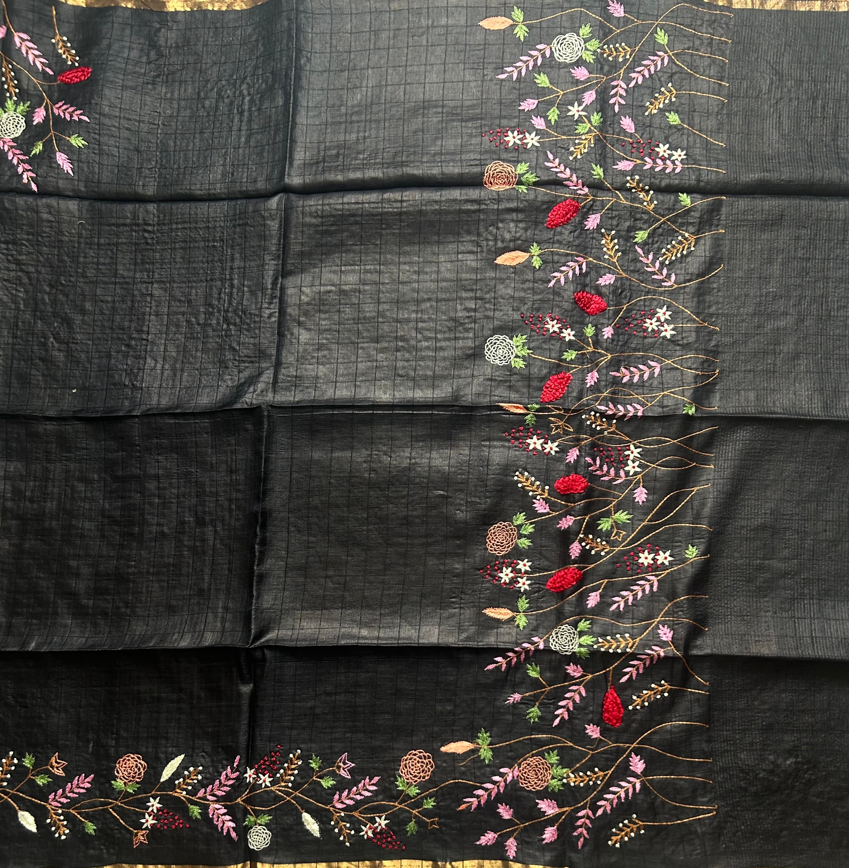 Black checks pure Tussar embroidery work saree