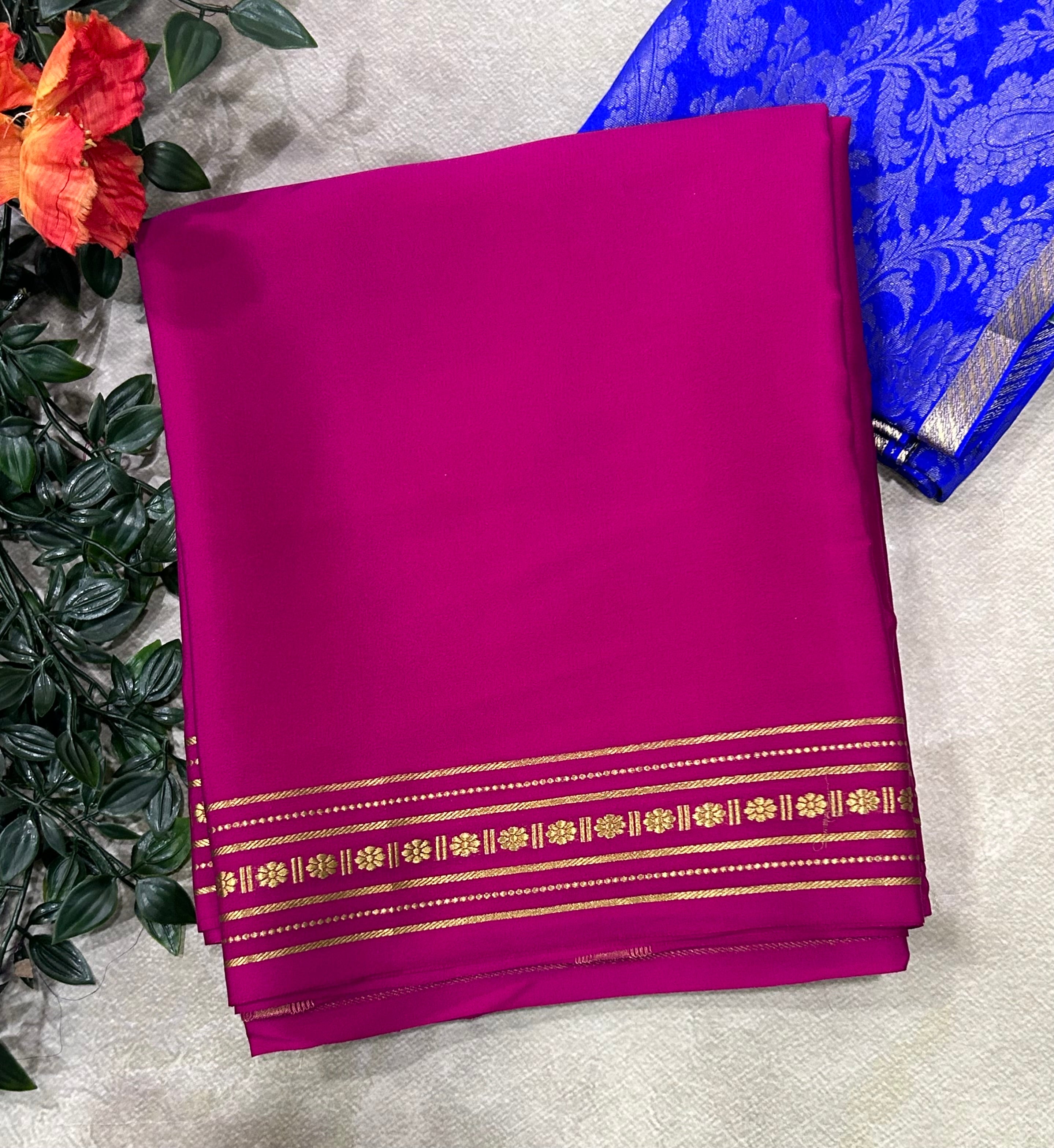 Rani pink plain pure mysore crepe silk saree with Mysore brocade blouse piece(MSM106)