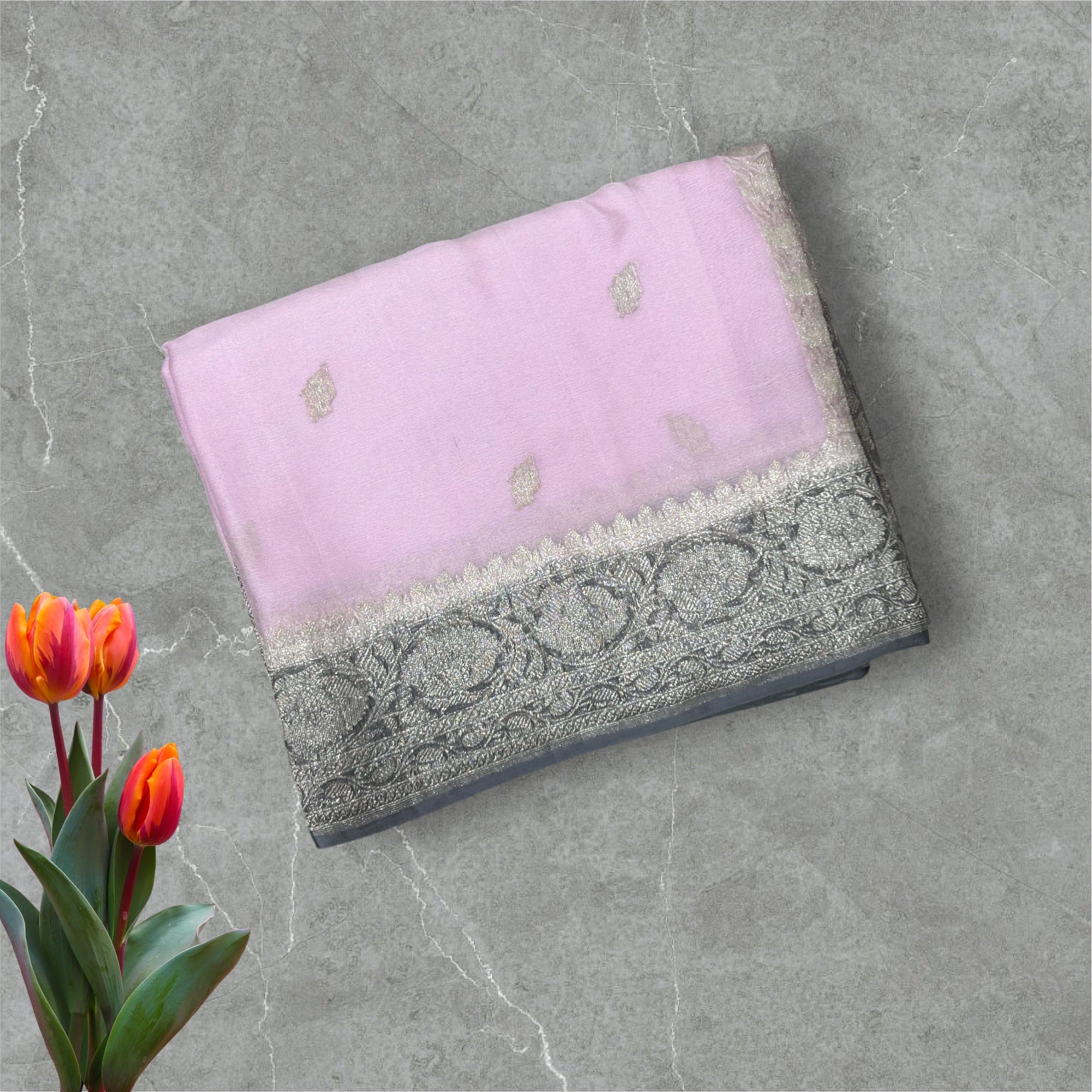 Baby pink n grey benaras pure khadi chiffon