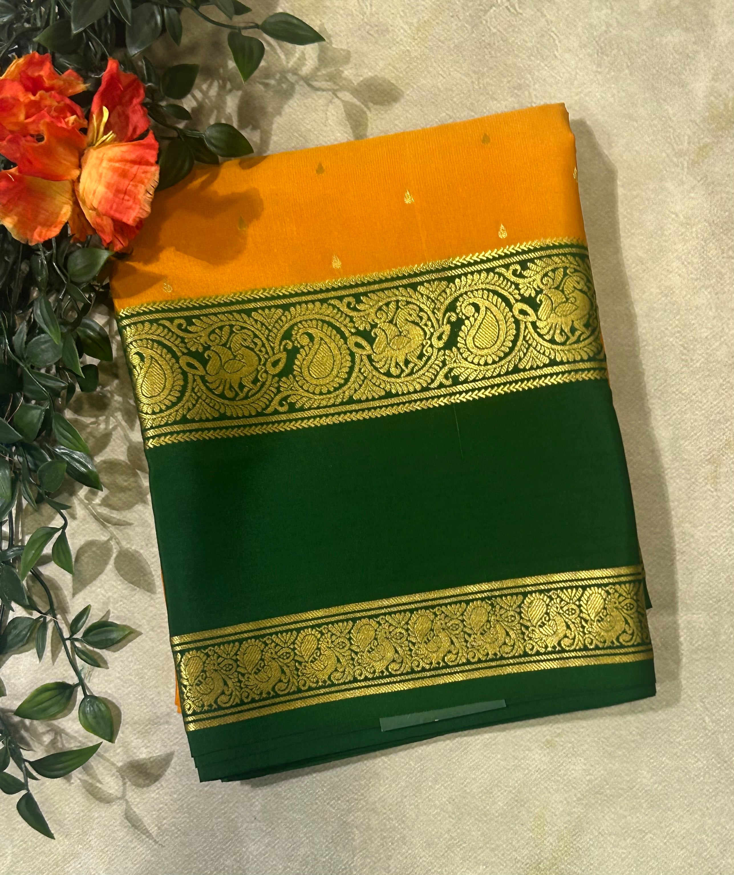 Mustard yellow bentex border pure Mysore silk 105 saree