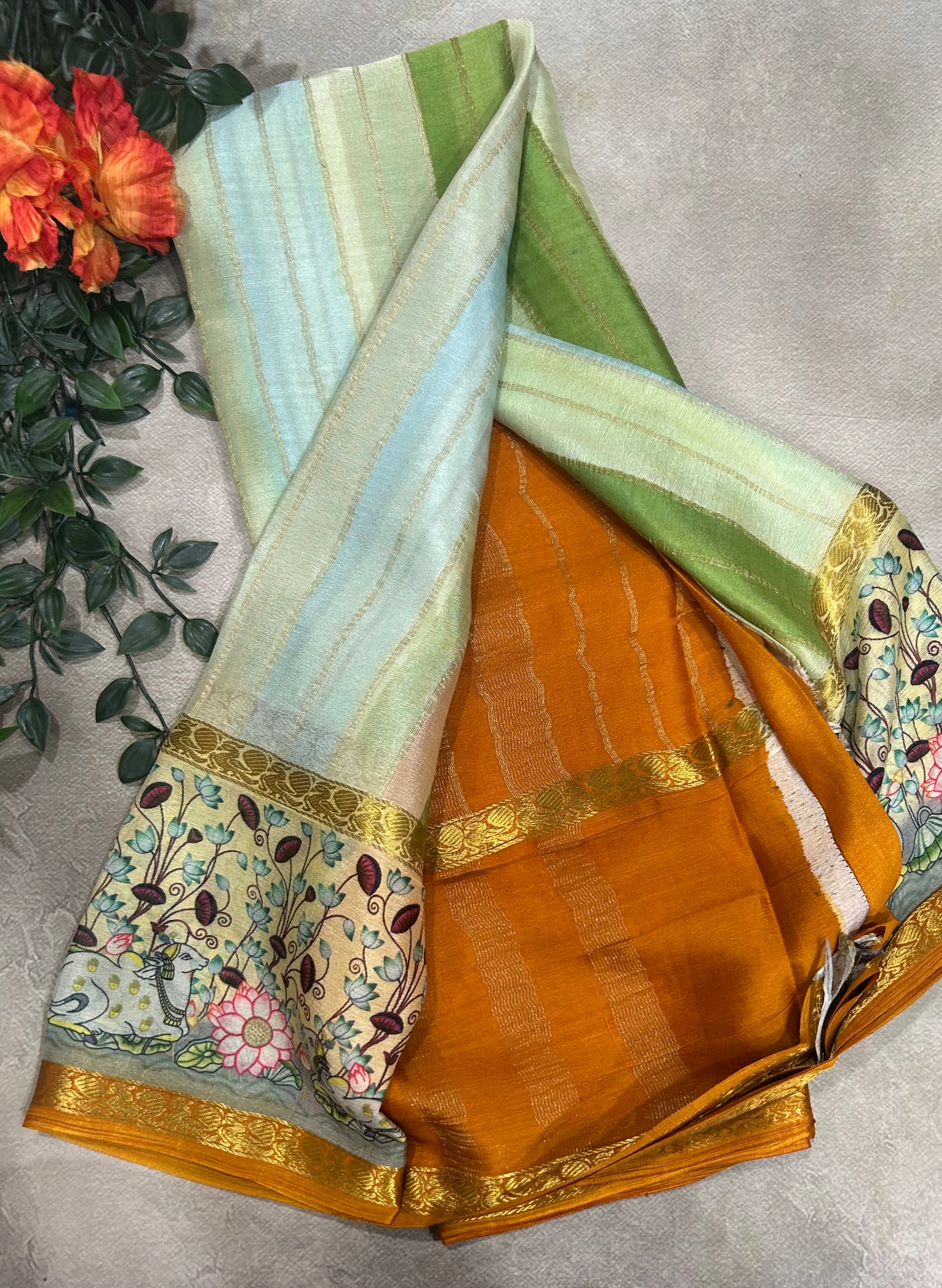 Rankart kalamkari border pure wrinkle 103 crepe silk saree