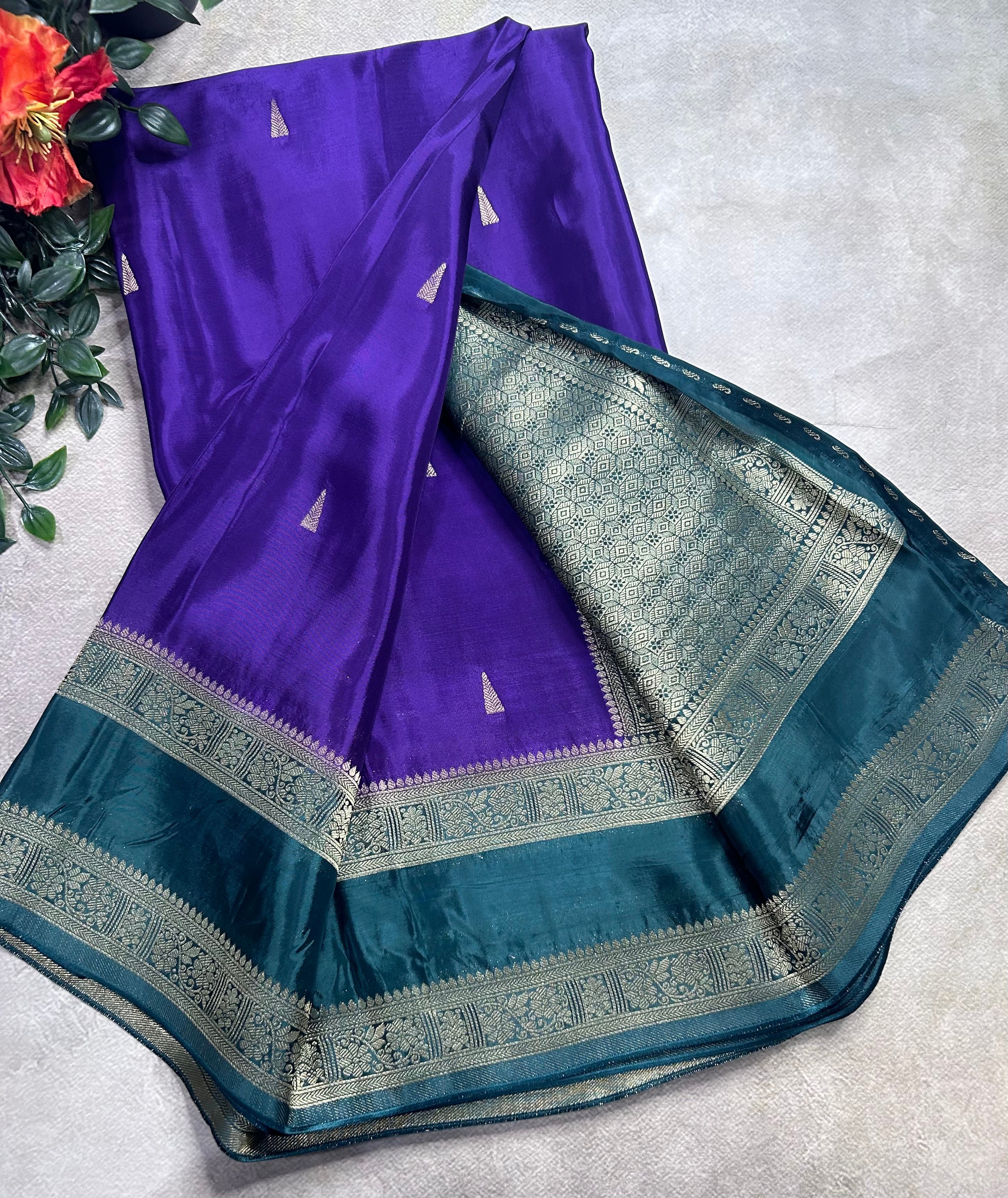 Purple  contrast bentex border semi Mysore crepe 106 saree
