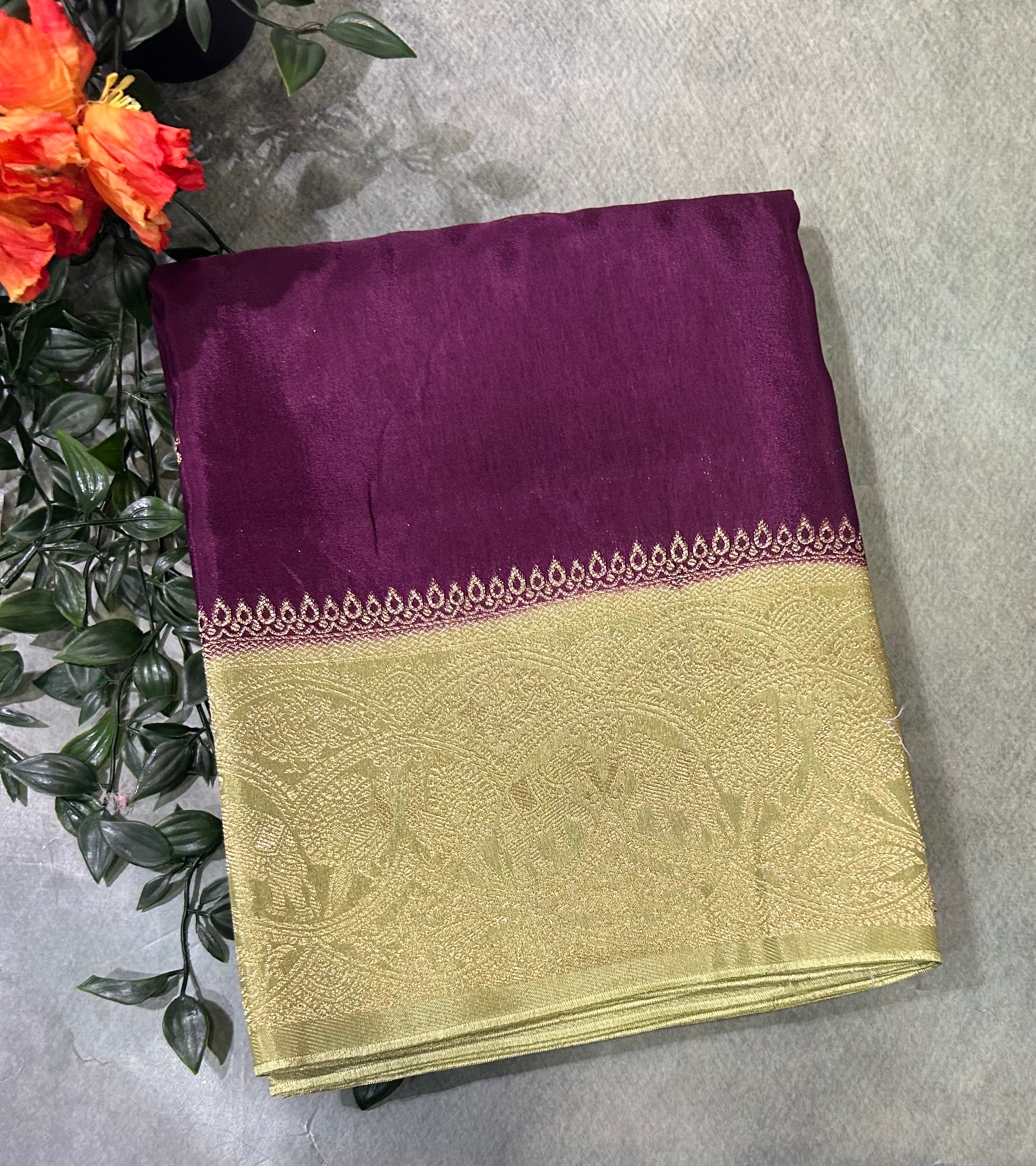 Dark purple contrast border semi Mysore 105 saree