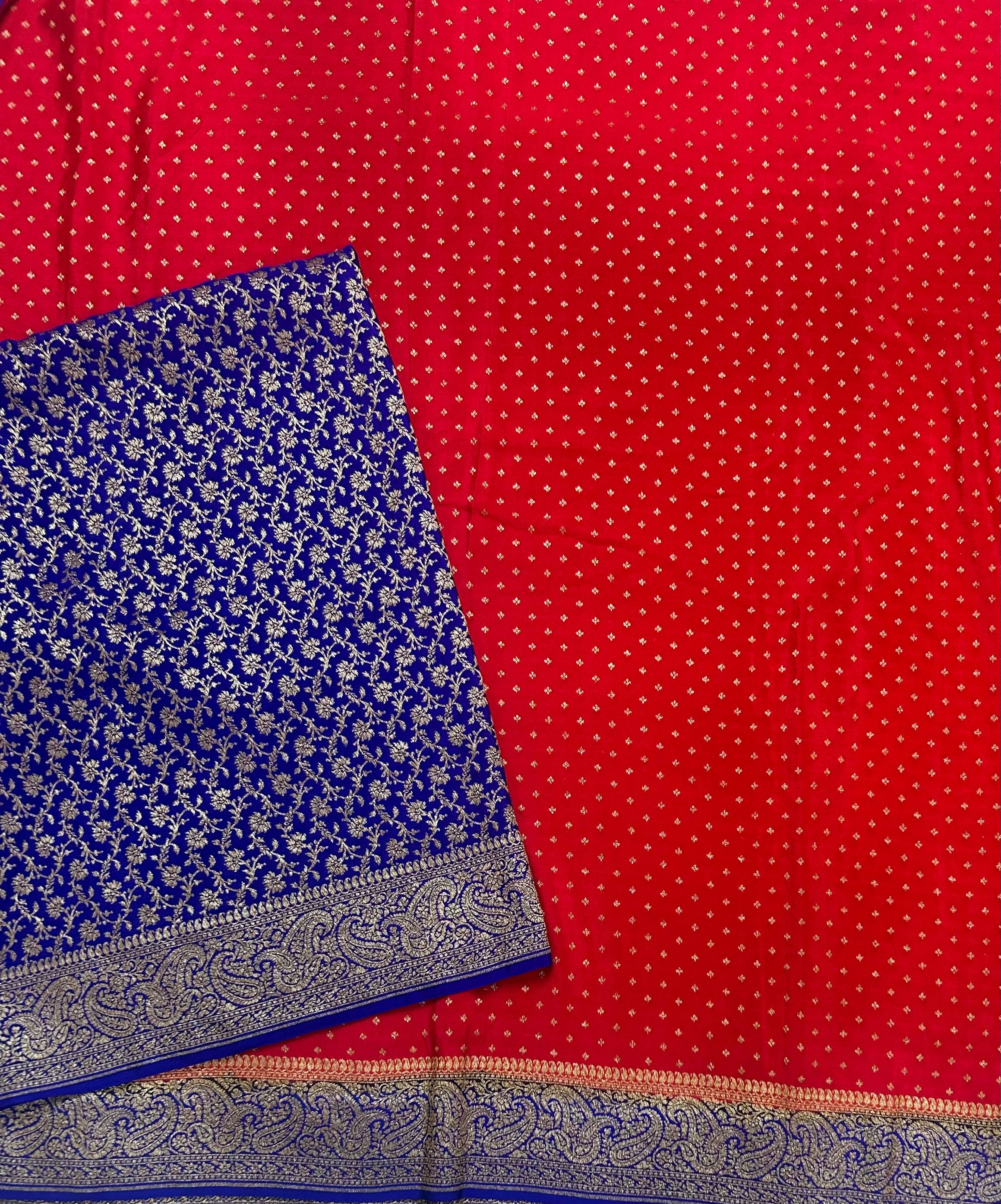 Red n royal blue small Butta pure Benarasi crepe 104 saree