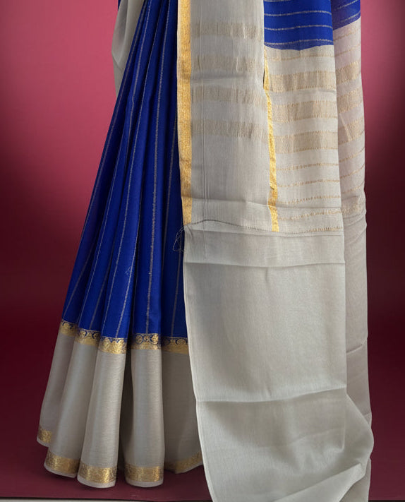 Royal blue n grey pure wrinkle crepe silk saree