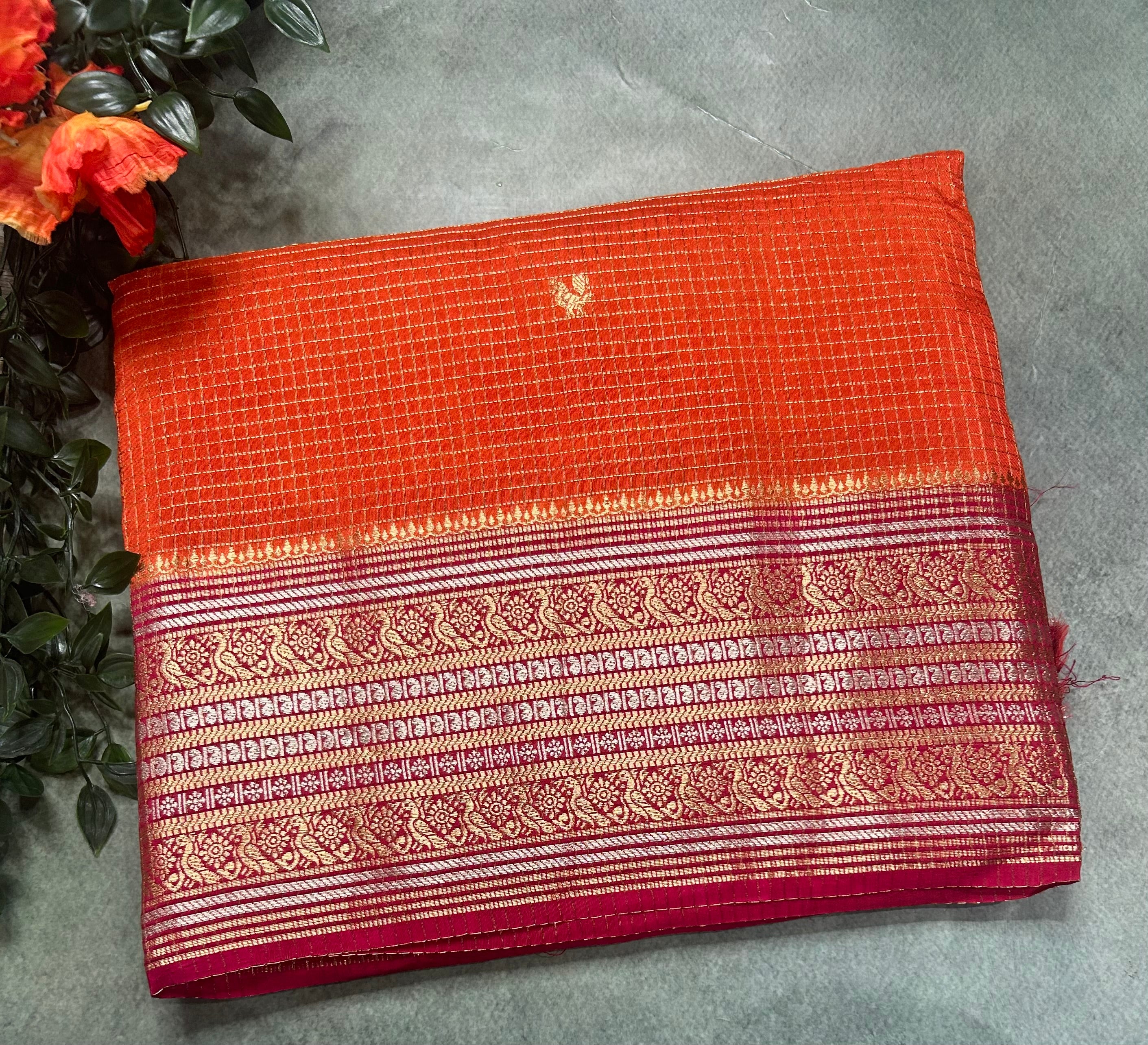 Orange small checks contrast semi Mysore crepe 105 saree