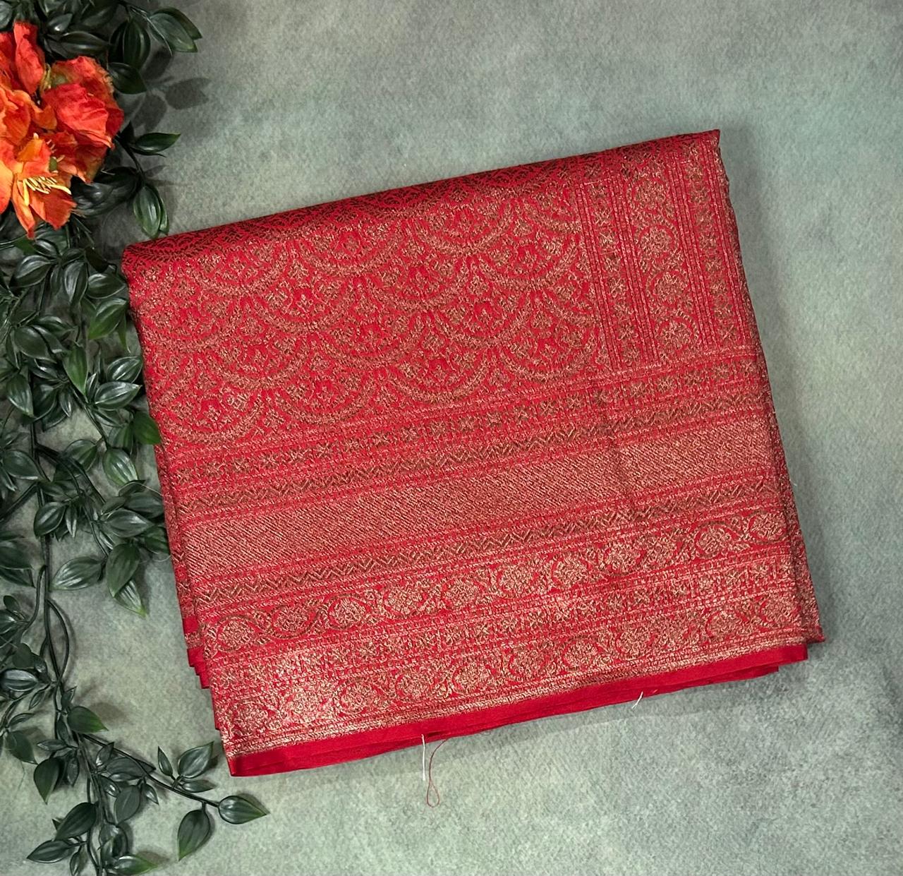 Red brocade semi Benarasi saree(Rashmika Mandanna Brocade saree)
