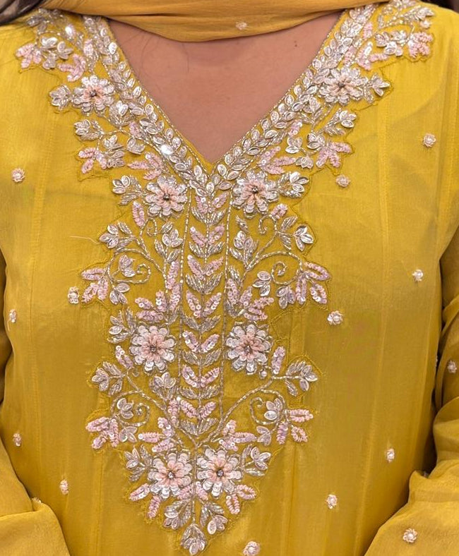 Yellow Anarkali Chinnon Hand Embroidery Kurtha 567