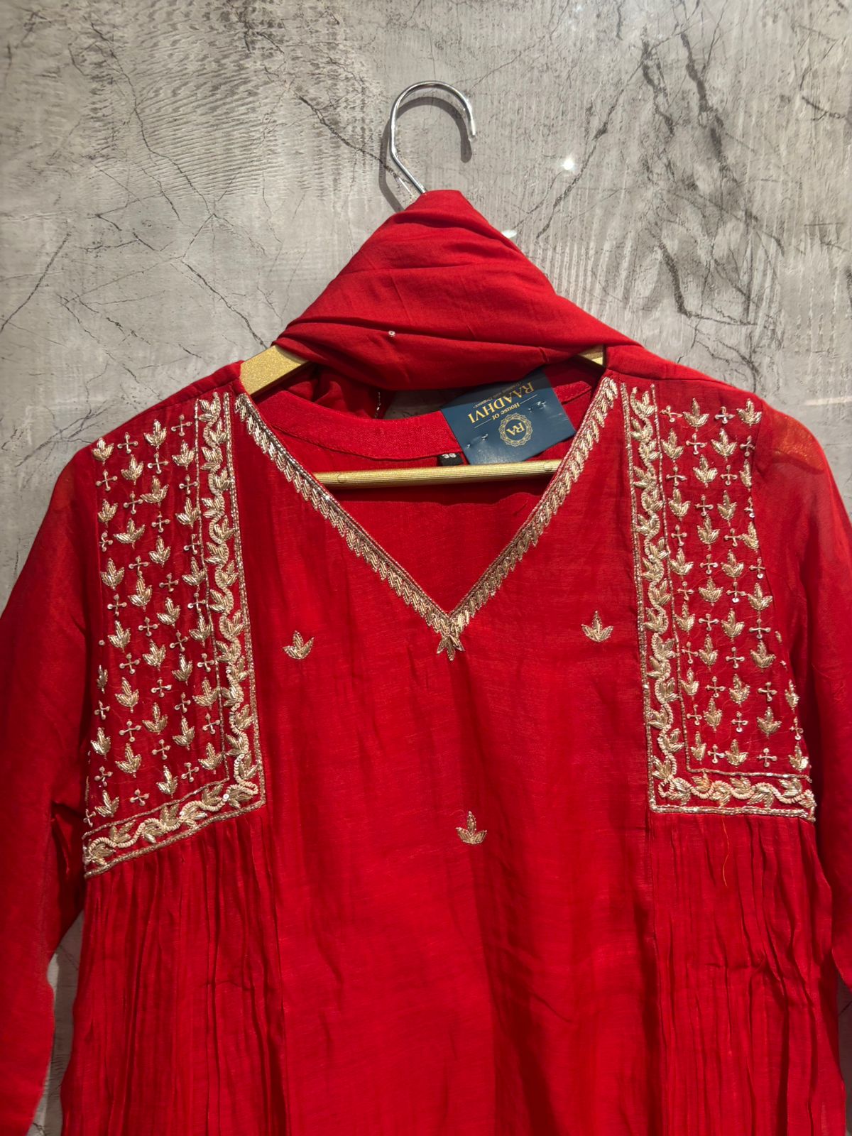 Red Mul Chanderi Hand Embroidery Airline Kurtha 666