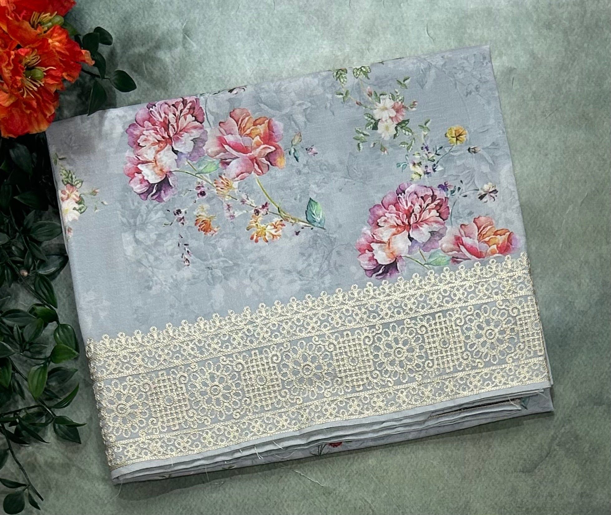 Light grey digital printed border 104 chinnon saree