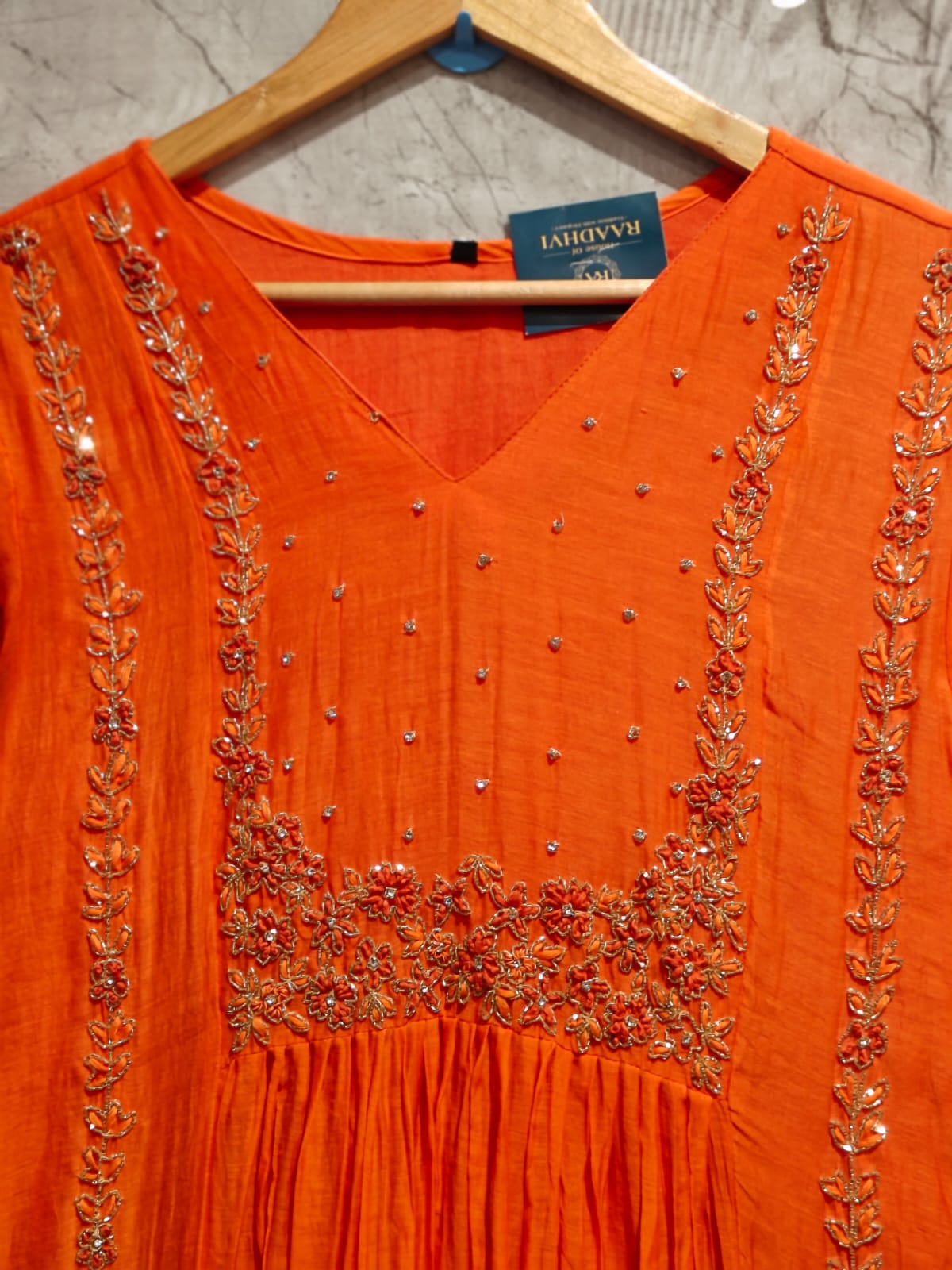 “Pani" Orange  Mul Chanderi silk Kurtha suit with work hand embroidery 898