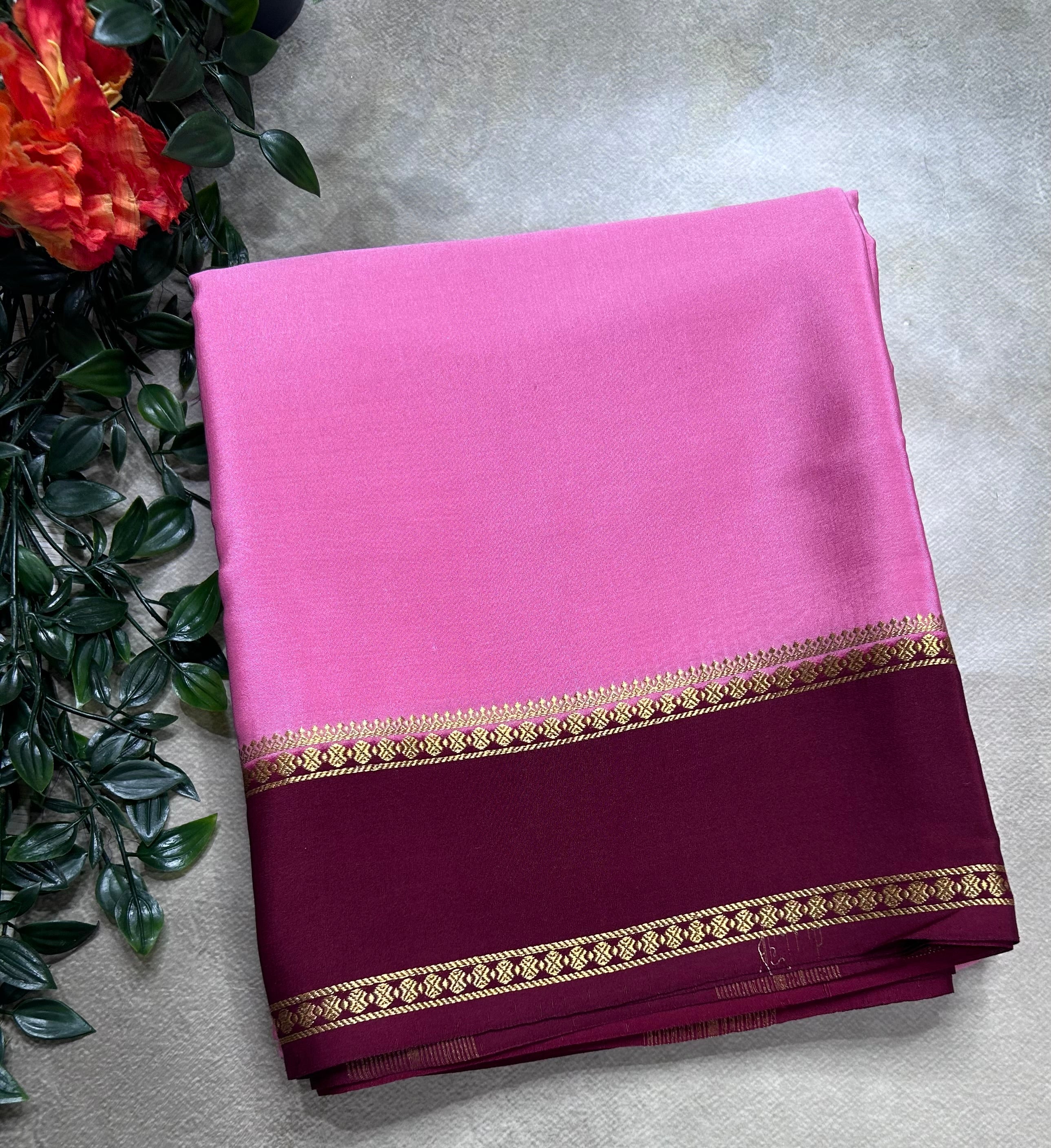 Pastel pink n maroon plain bentex border pure mysore silk saree(BMS105)