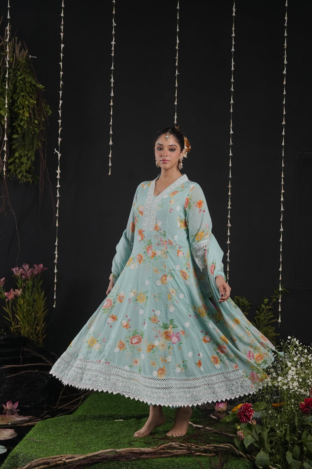 Blue Cotton Thread Work Anarkali Kurtha 742