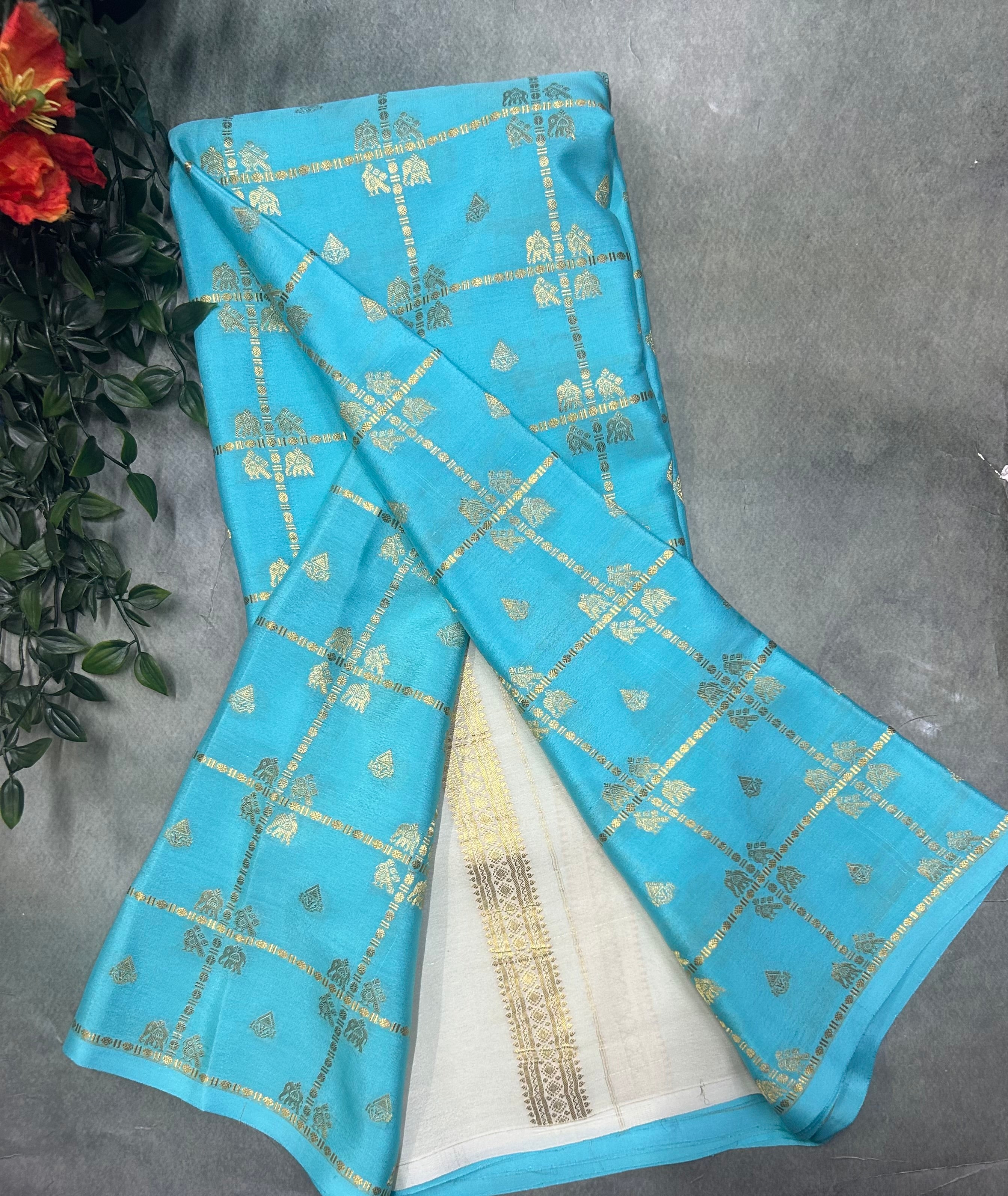 Sky blue contrast checks borderless pure mysore silk-102 saree