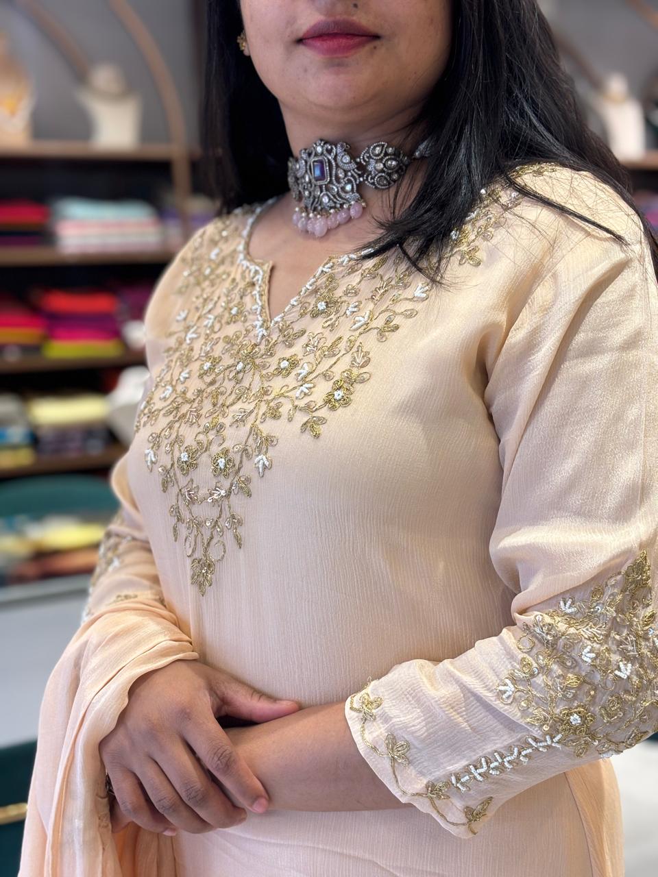 Cream Chinnon Hand Embroidery Airline Kurtha 673