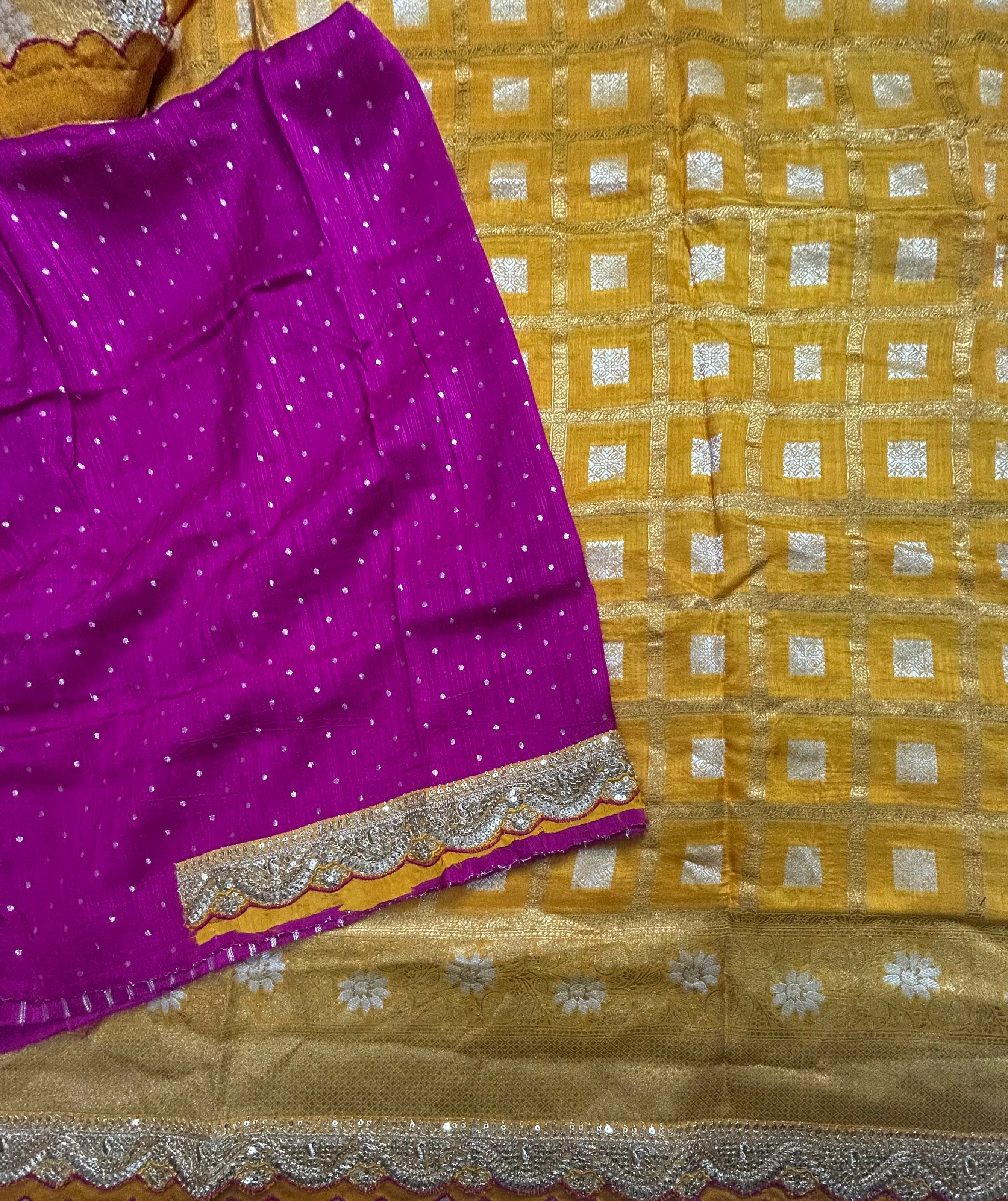 Mustard yellow checks brocade party wear scallop border saree