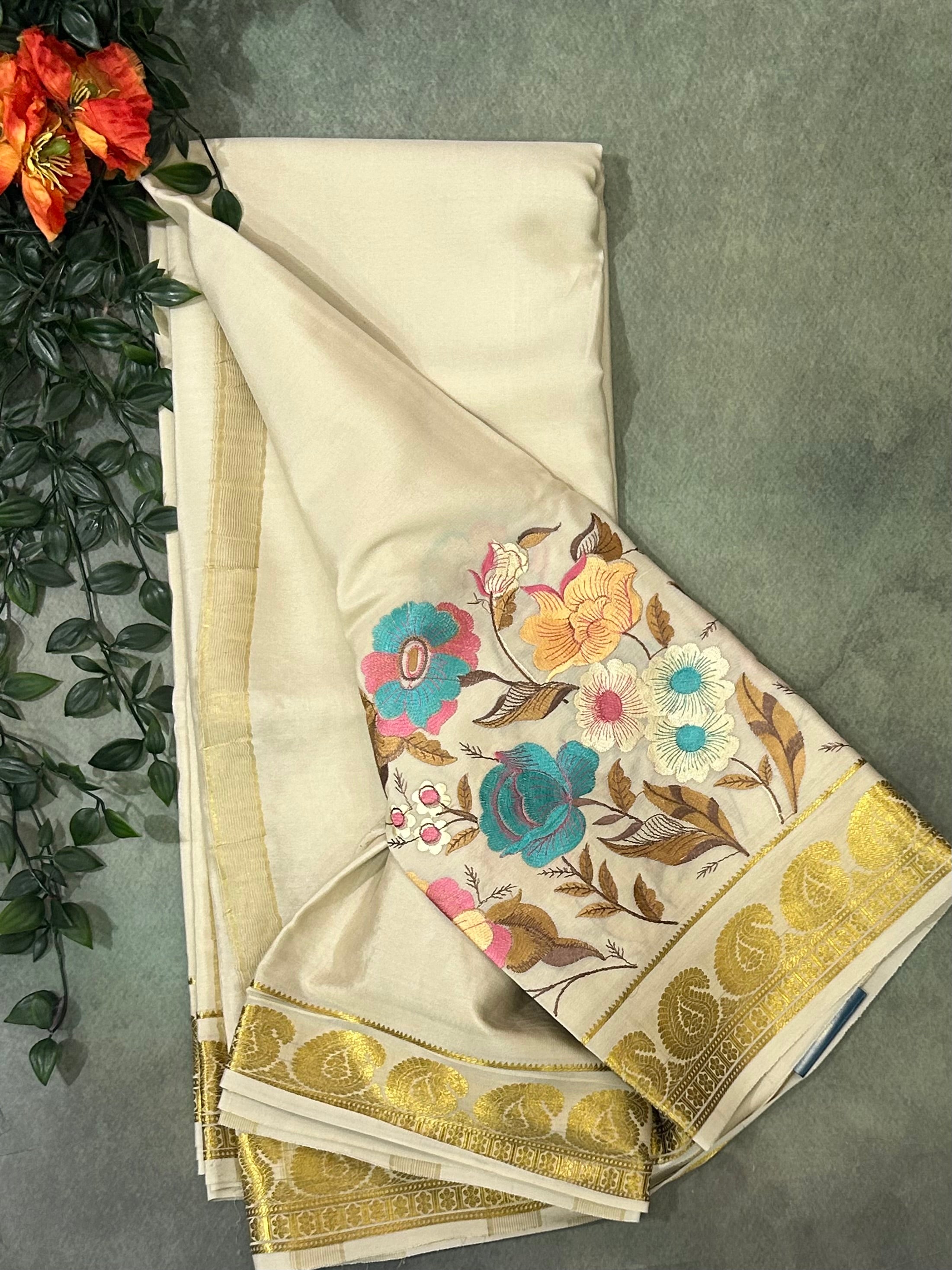 Beige embroidery pure Mysore crepe silk saree