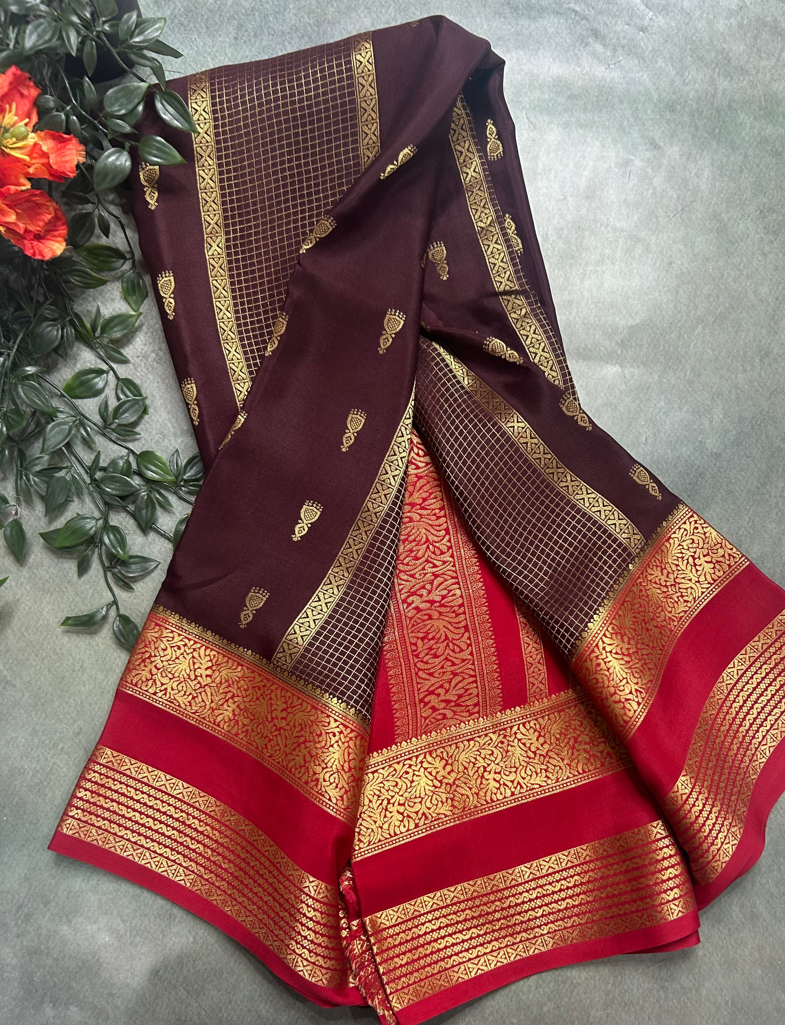 Brown jumka Butta n bentex border pure Mysore silk saree ST105