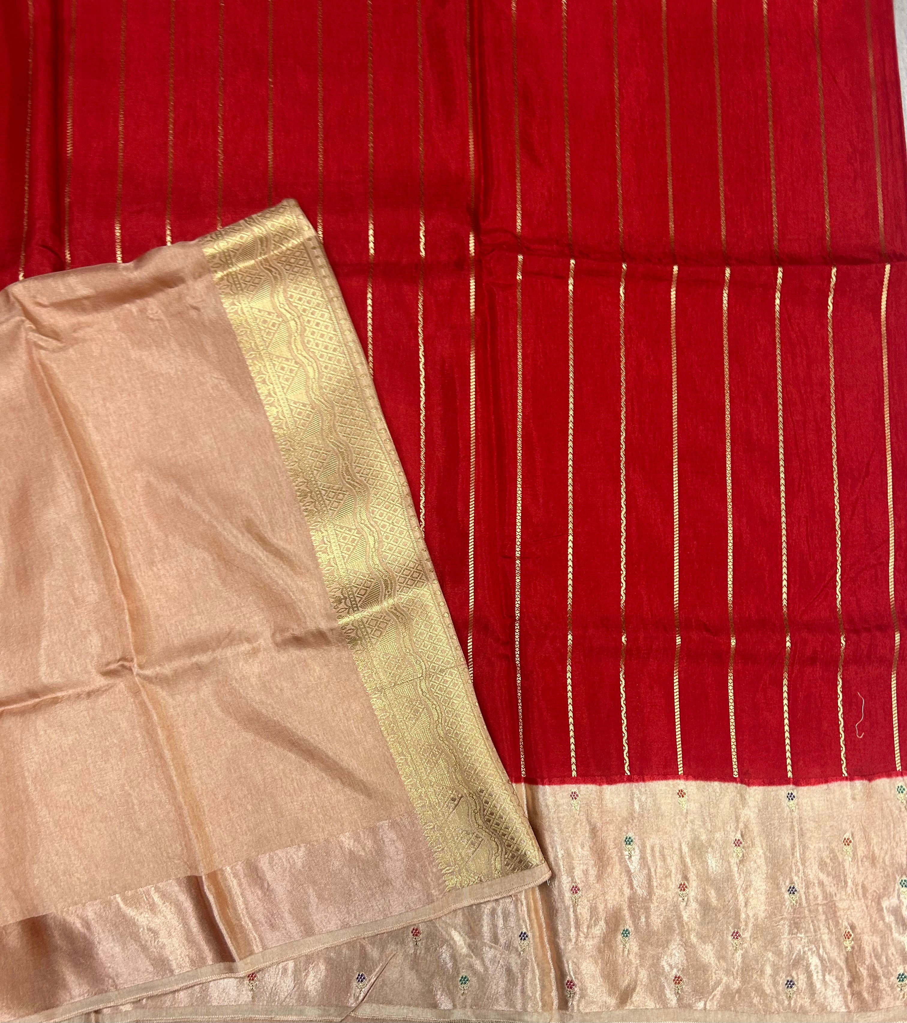 Red contrast satin border semi Mysore crepe 105 saree