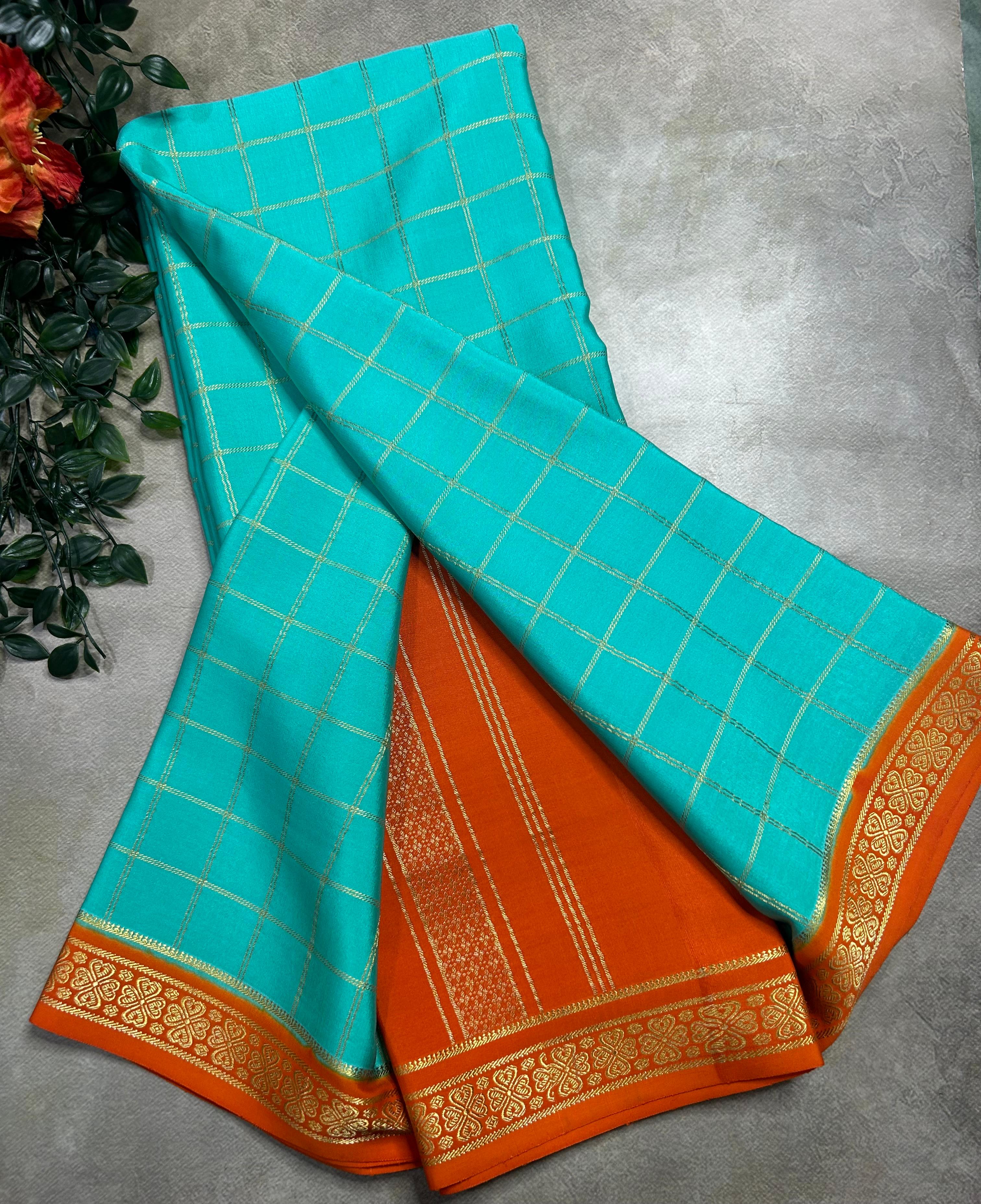 Distemper blue checks pure css zari Mysore silk 105 saree