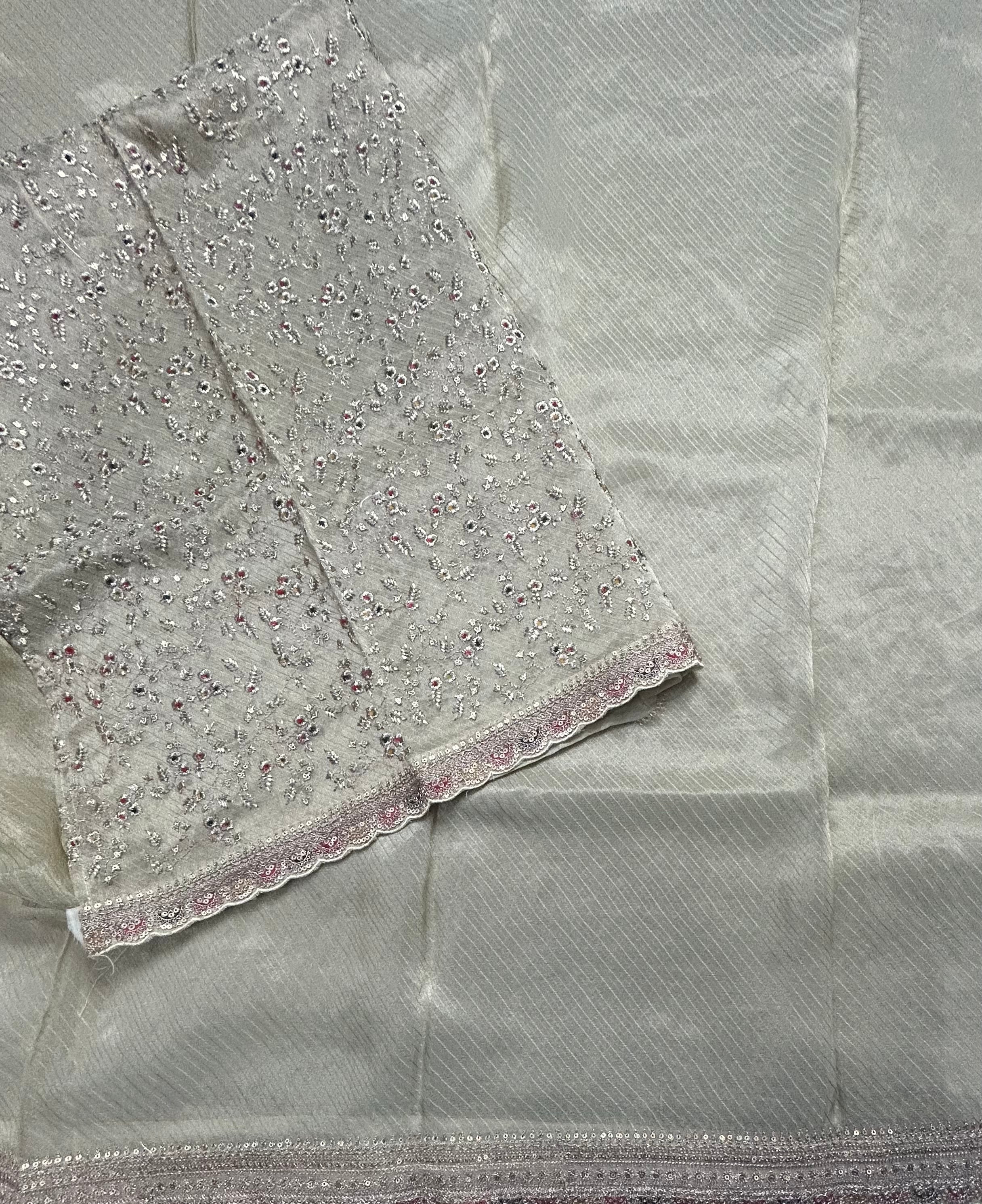 Cream stripes tissue party wear scallop border saree