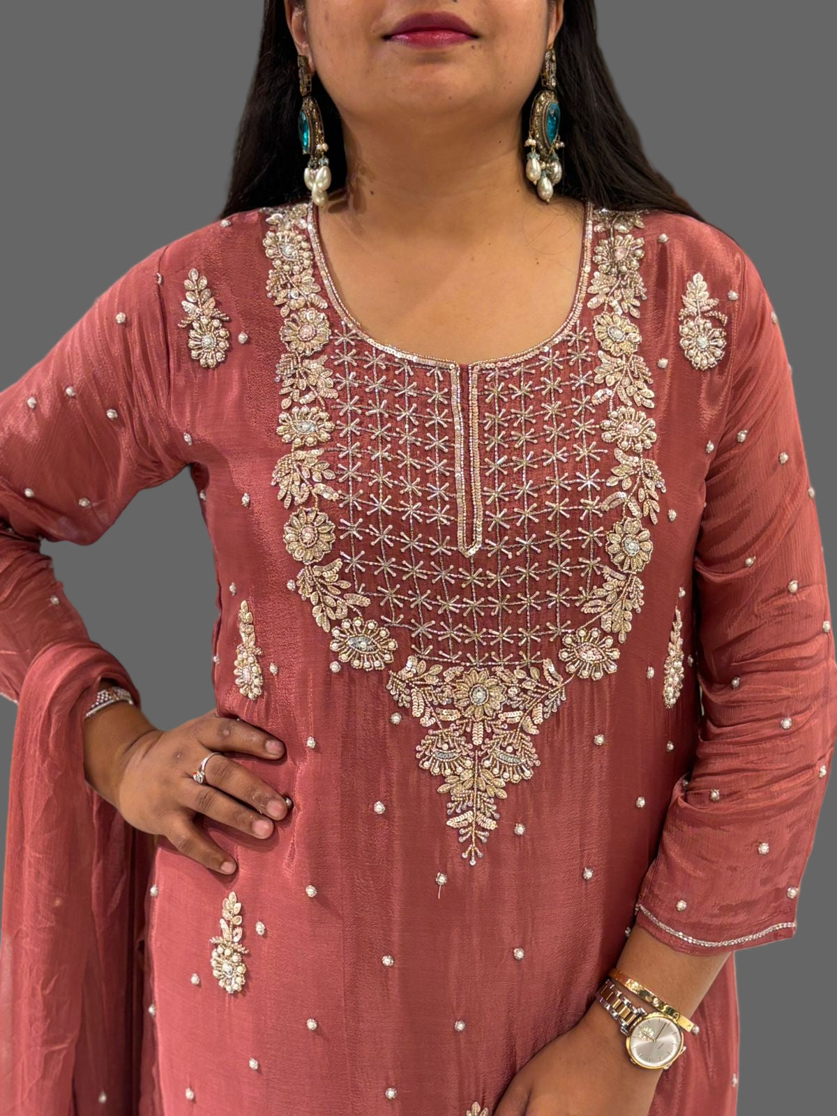 Brown Chinnon Hand Embroidery Sharara Kurtha 301
