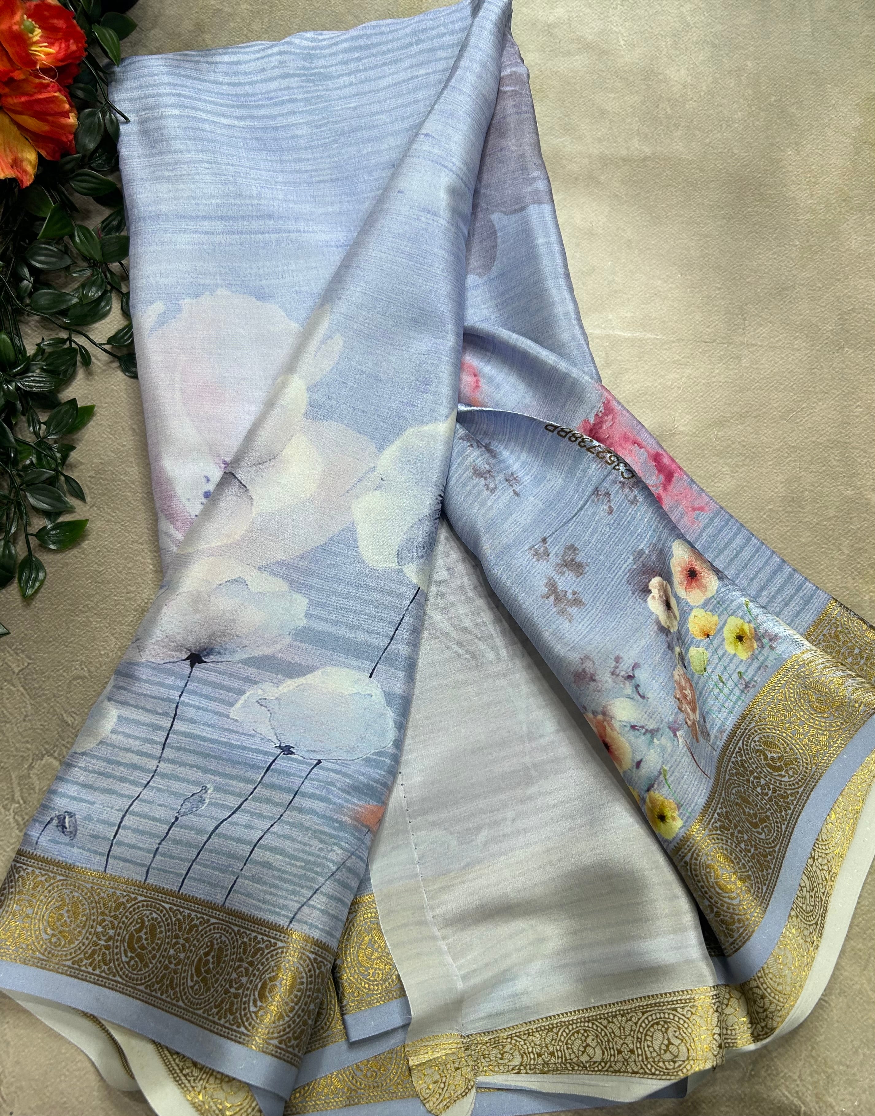 Pastel blue digital print pure mysore silk saree(DMS106)