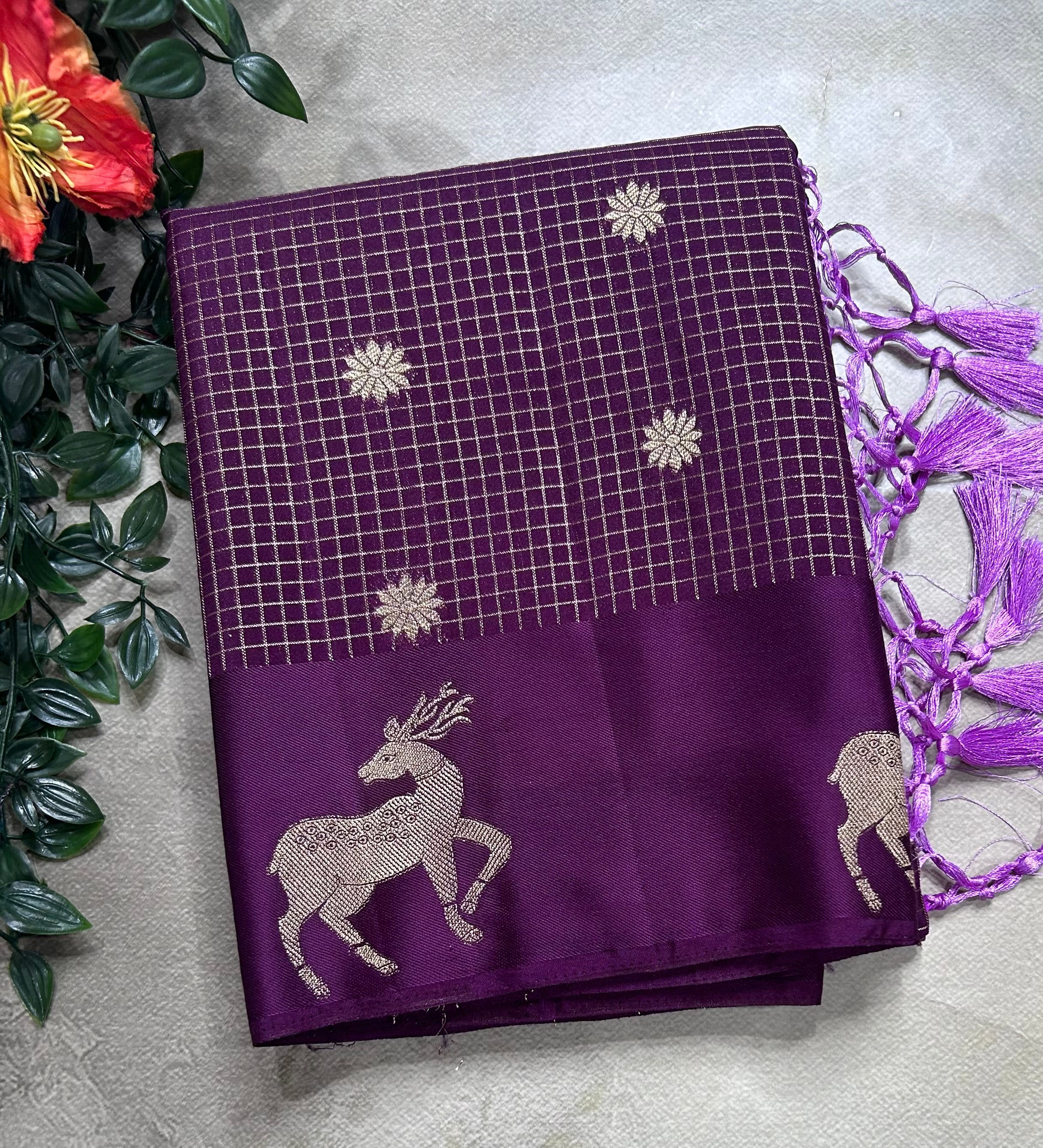 Wine small checks semi Mysore crepe 106 saree