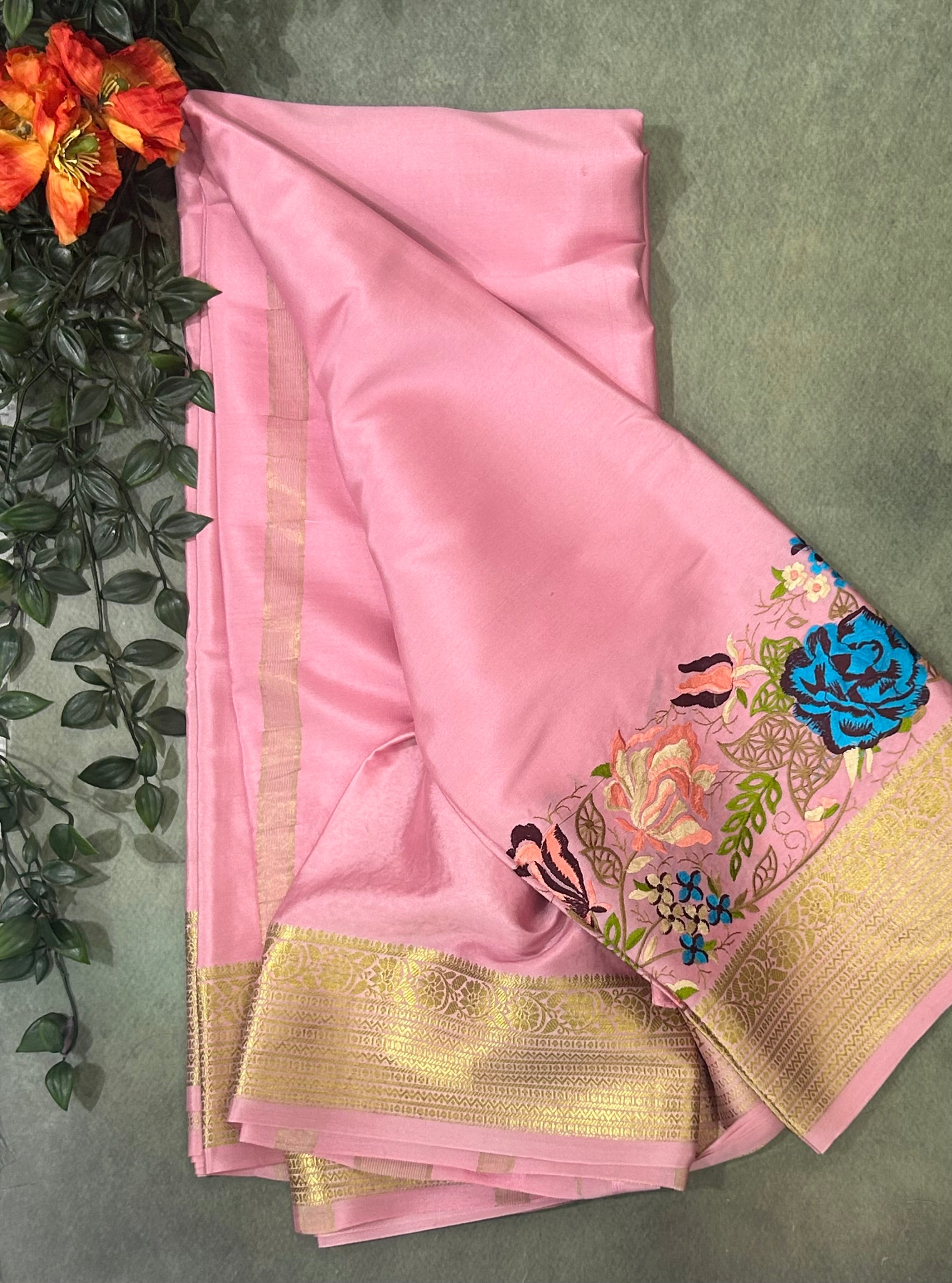 Pastel pink embroidery pure Mysore crepe silk saree