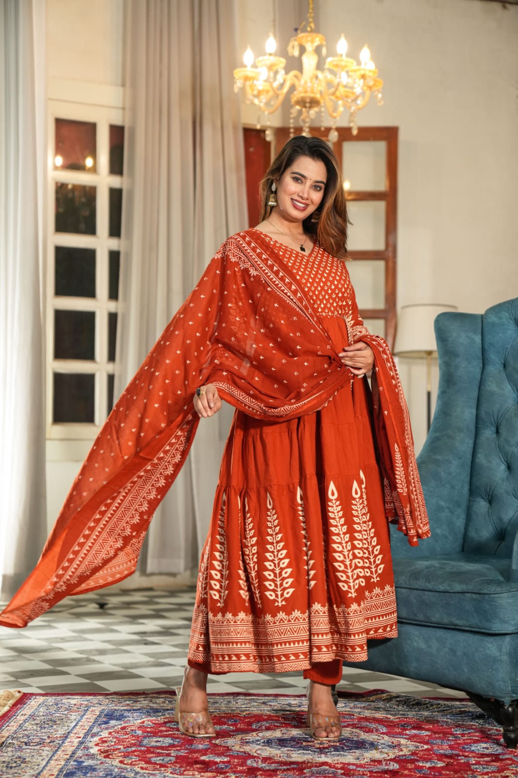 "Naya" Orange Mul Cotton Block Print  Anarkali Kurtha 100