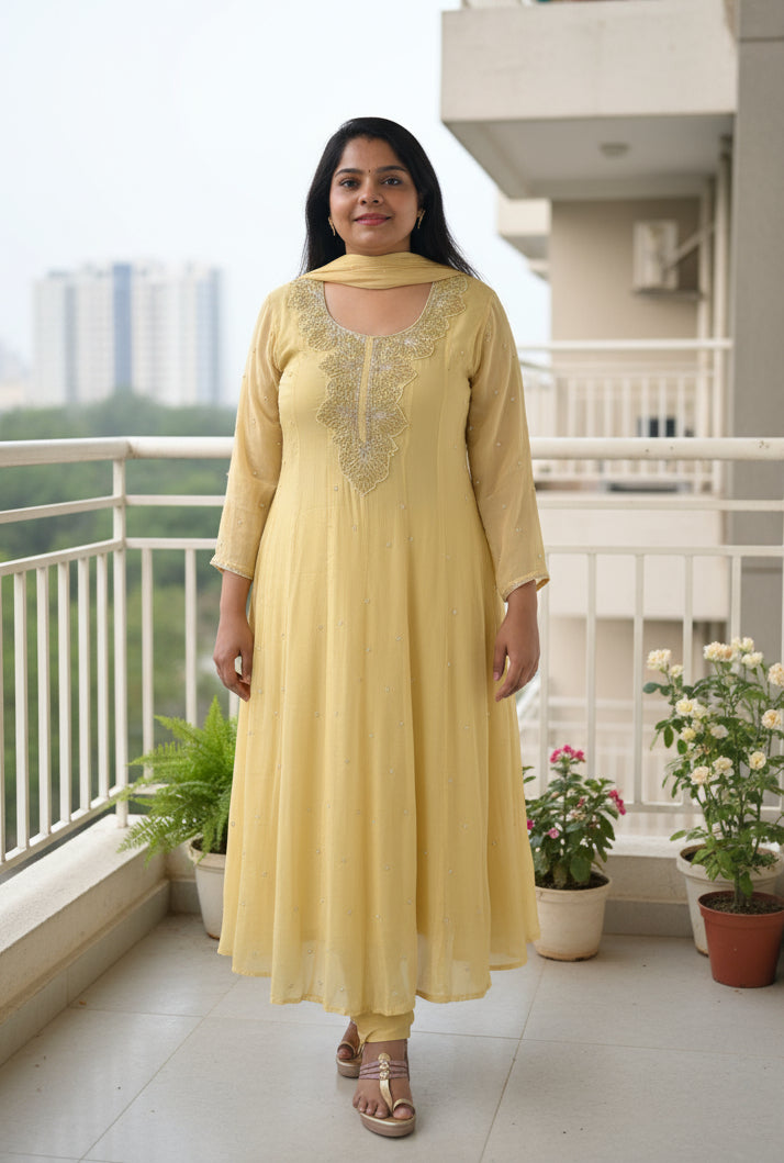 Lemon Yellow Anarkali Chinnon Hand Embroidery Kurtha 567