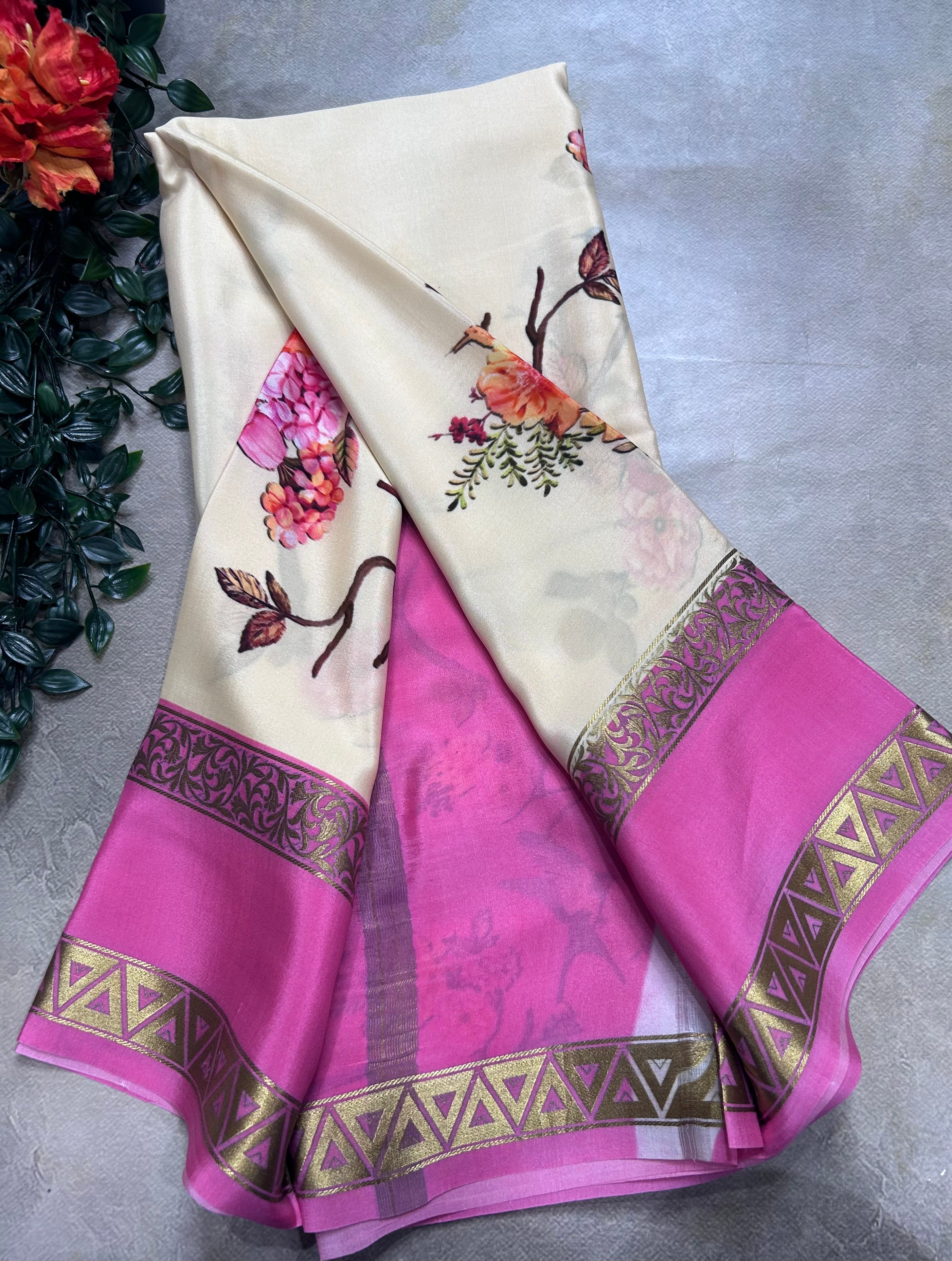 Cream digital print pure mysore silk saree(DMS106)