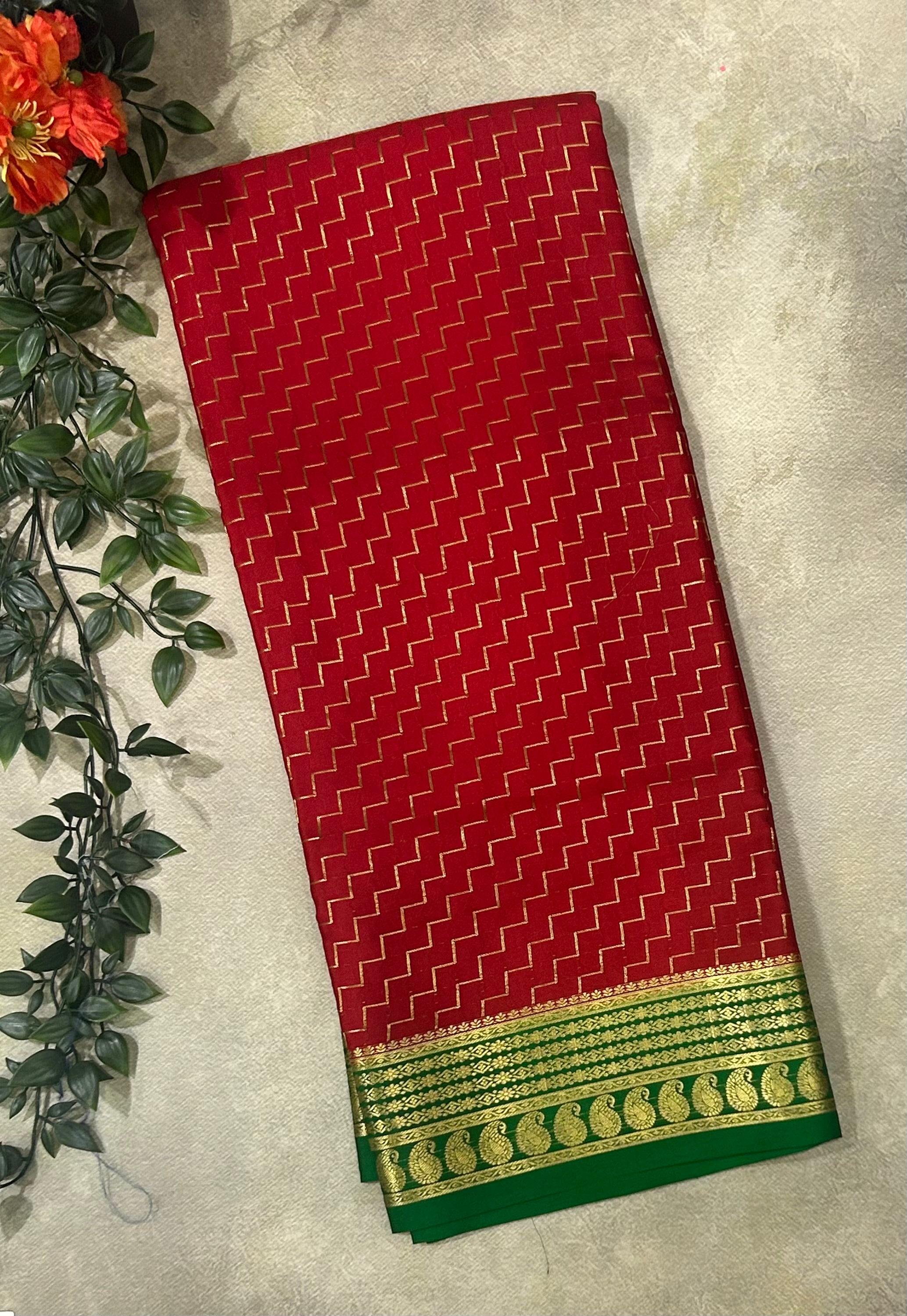 Red n green zig zag design pure Mysore crepe silk saree